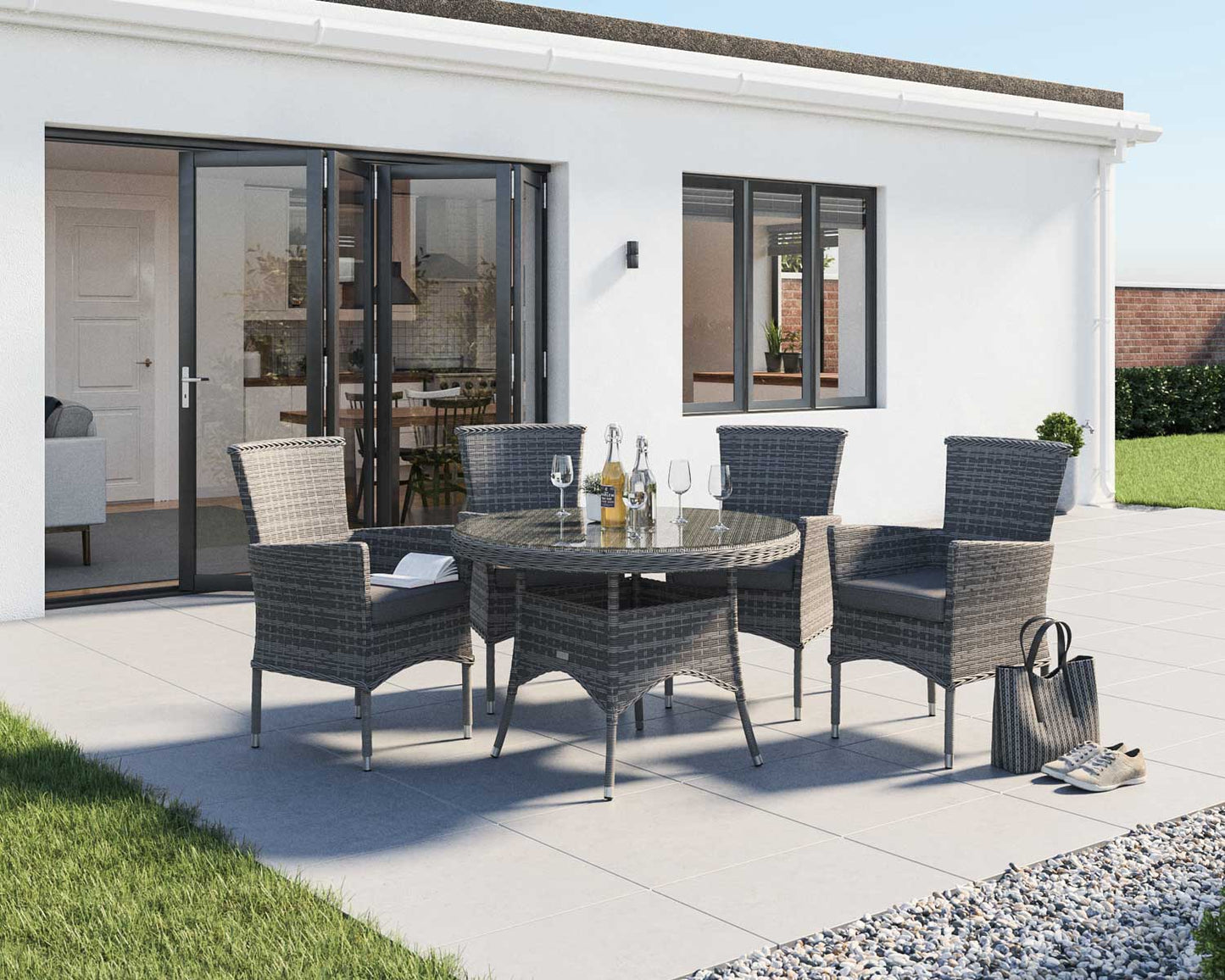 Cambridge 4 Rattan Chairs and Small Round Dining Table Set in Grey