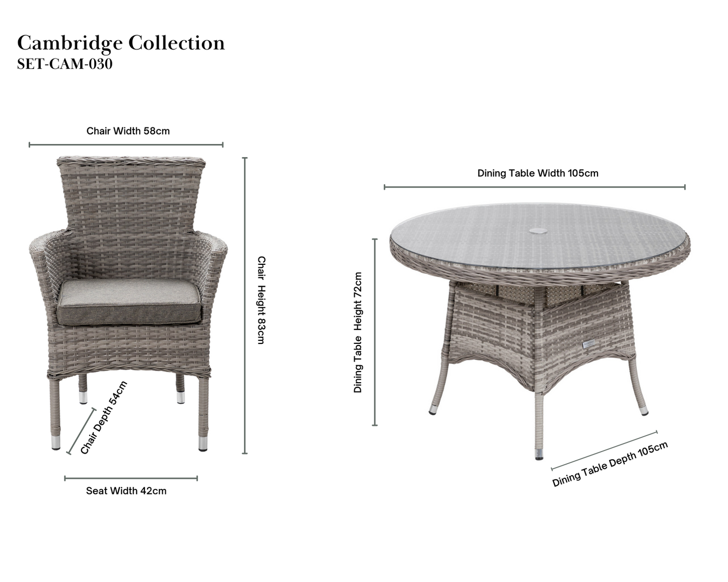 Cambridge 4 Rattan Chairs and Small Round Dining Table Set in Grey