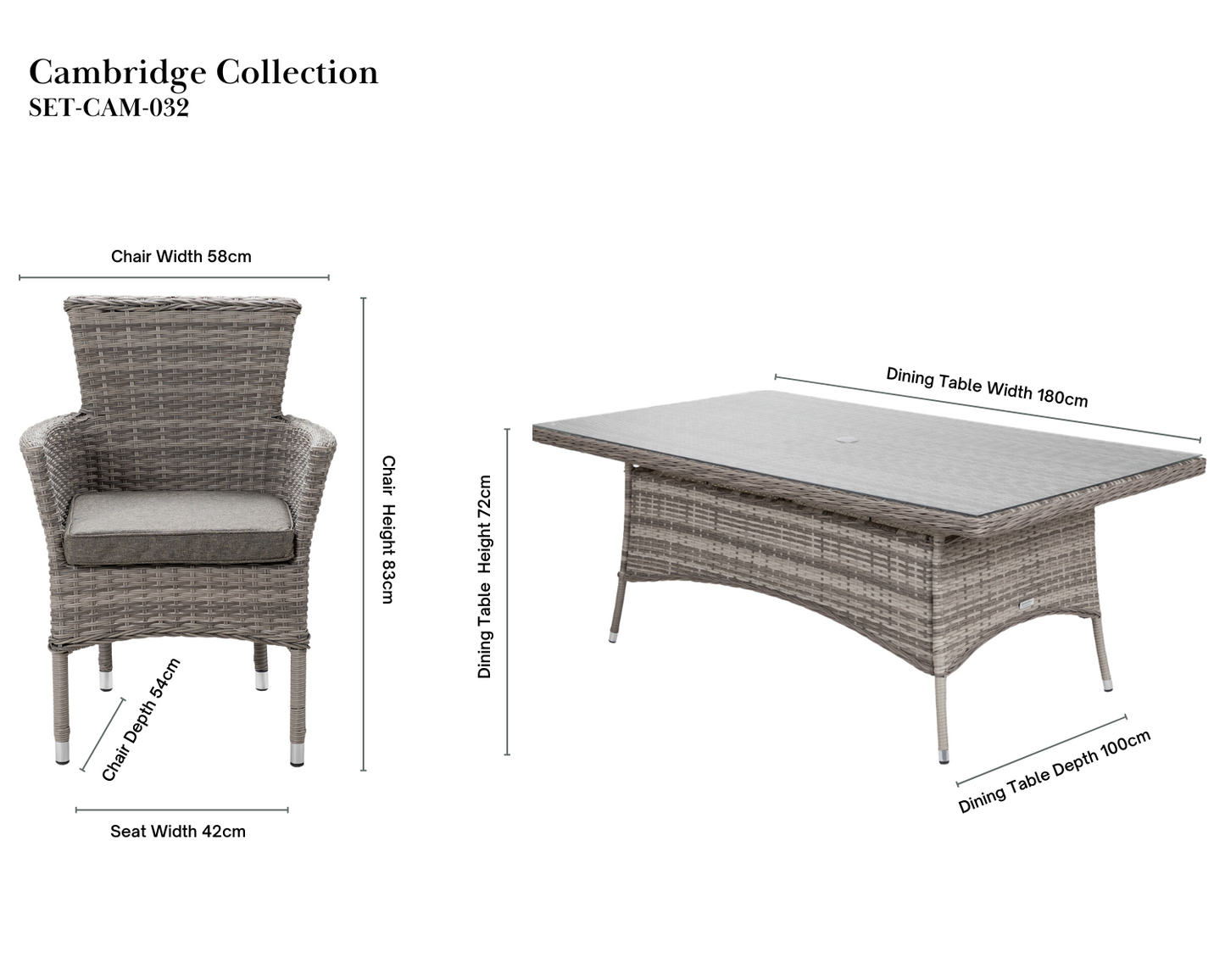 Cambridge 6 Rattan Chairs and Rectangular Dining Table Set in Grey