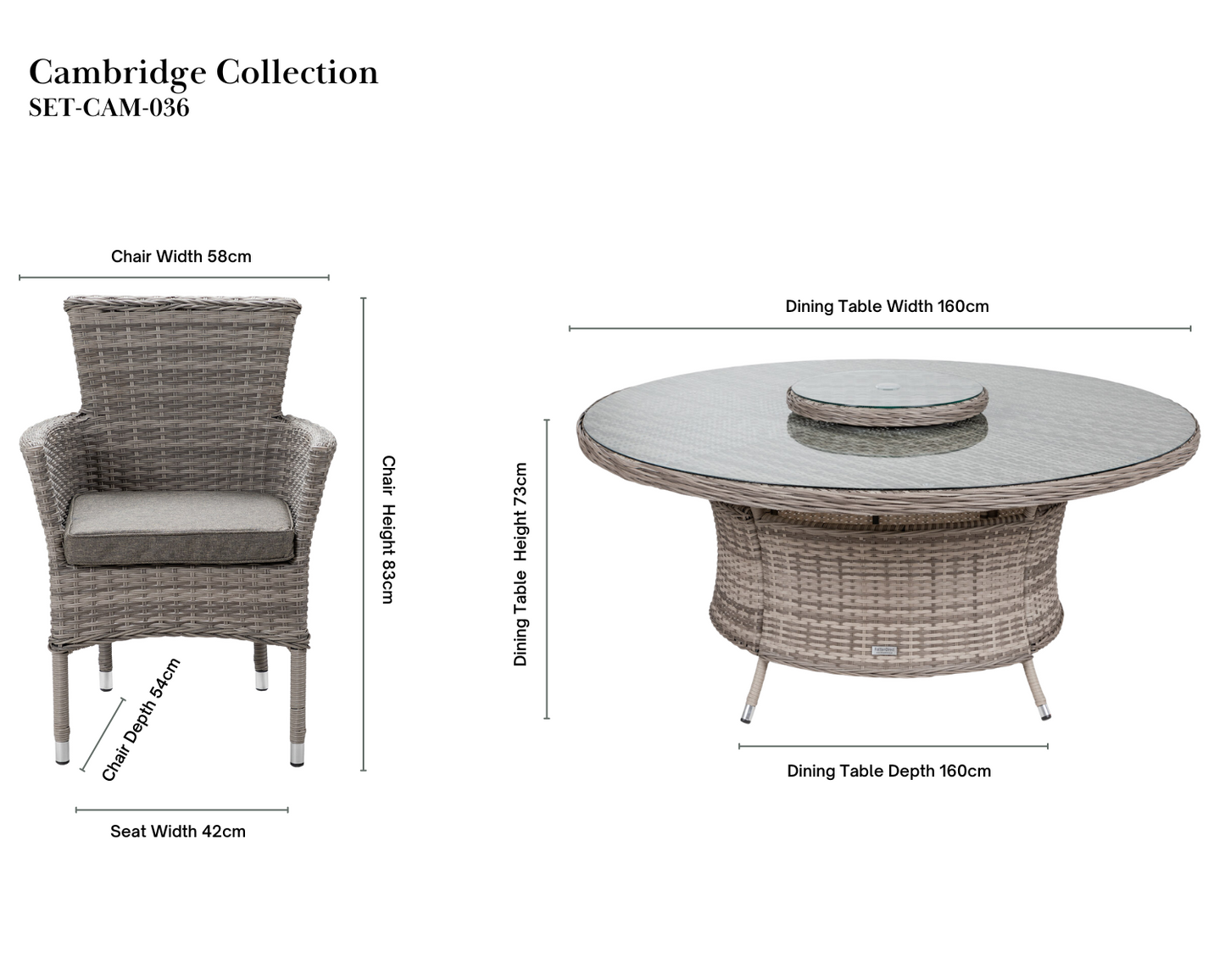Cambridge 8 Rattan Chairs and Large Round Dining Table Set in Grey
