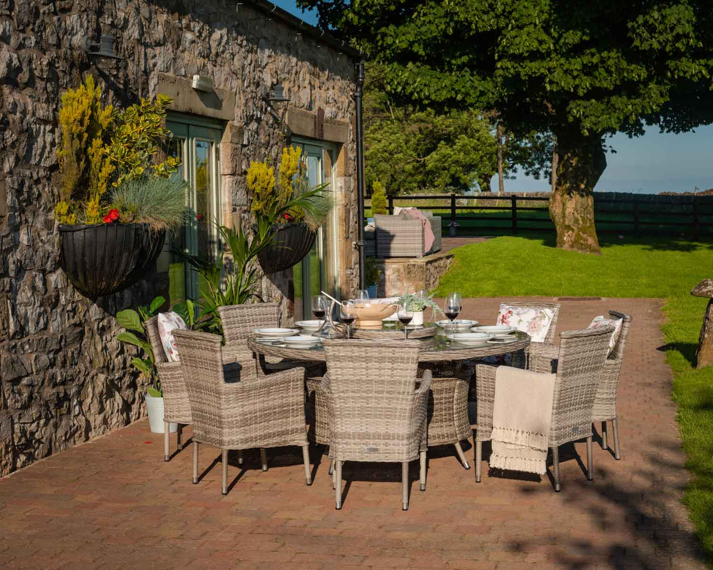 Cambridge 8 Rattan Chairs and Large Round Dining Table Set in Grey