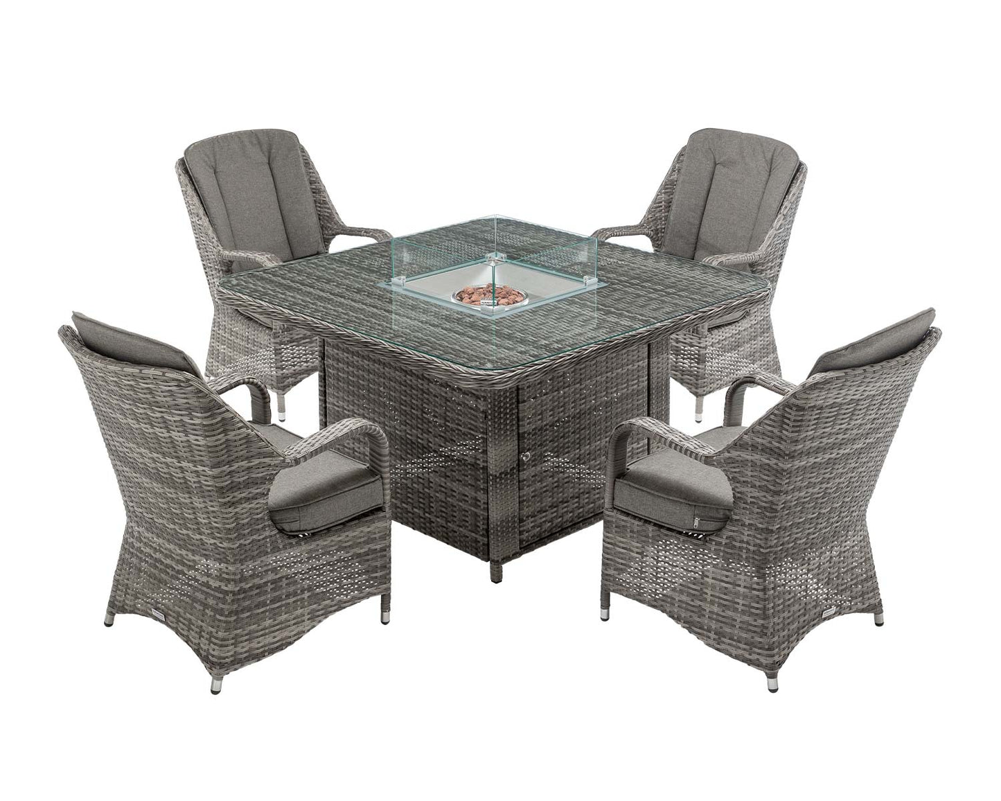 Marseille 4 Rattan Garden Chairs and Square Fire Pit Dining Table in Grey