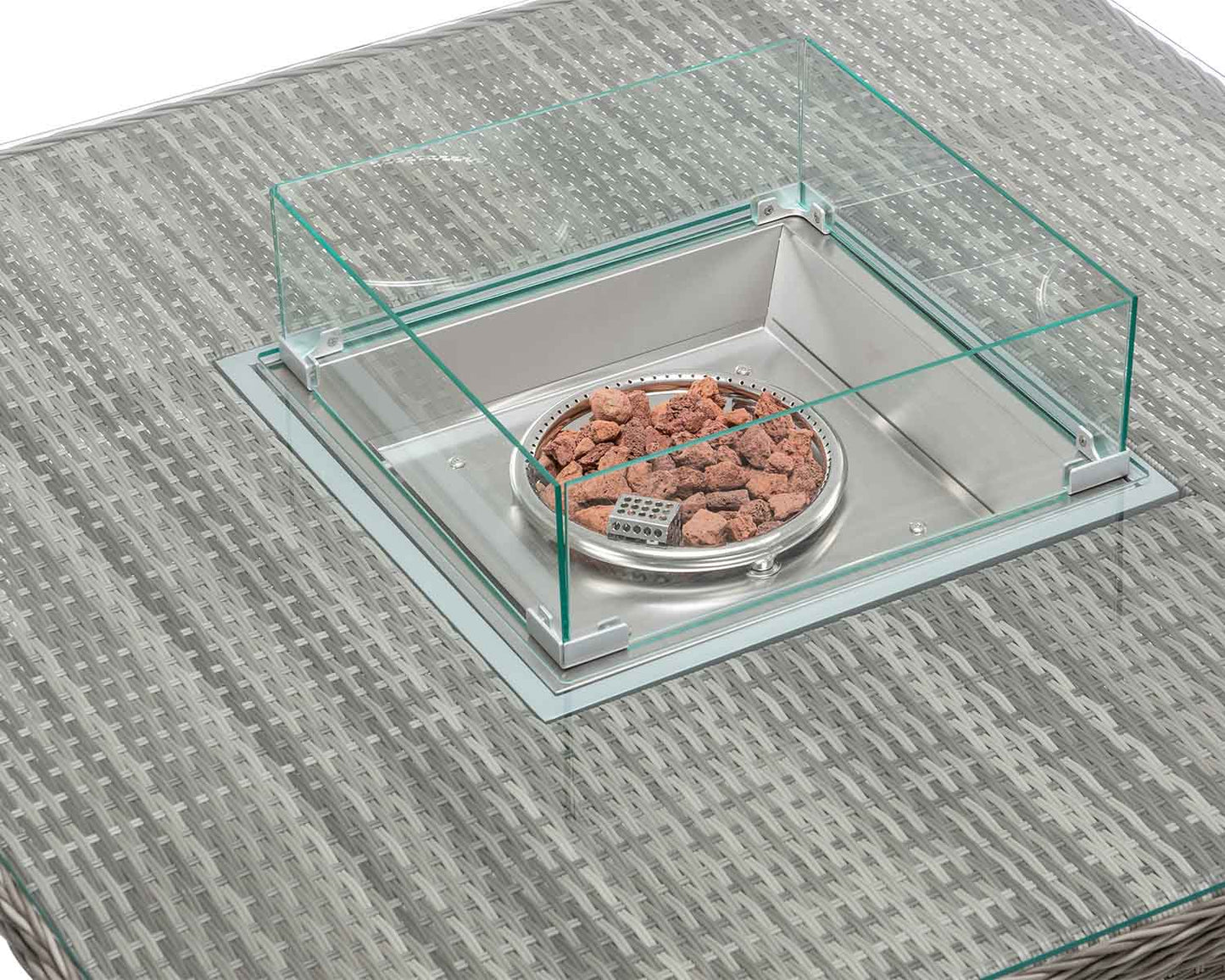 Marseille 4 Rattan Garden Chairs and Square Fire Pit Dining Table in Grey