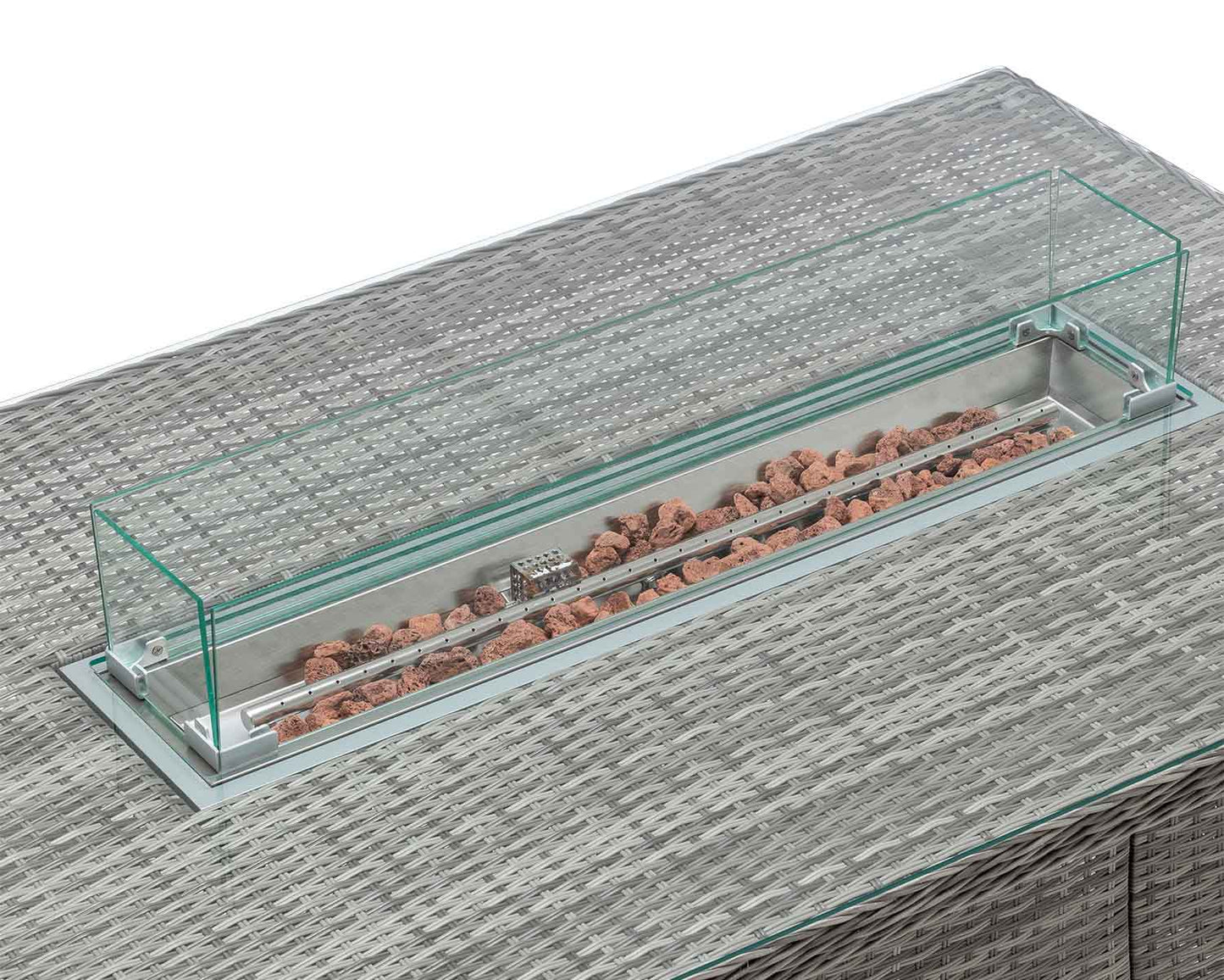 Marseille 4 Rattan Garden Chairs and Rectangular Fire Pit Dining Table in Grey