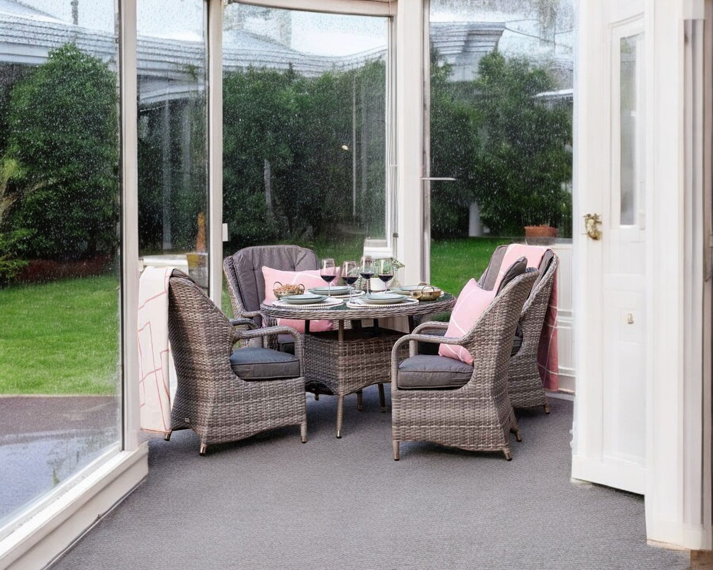 Marseille 4 Rattan Garden Dining Chairs and Small Round Table in Grey
