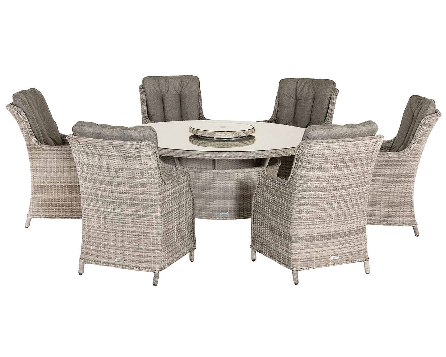 Riviera 6 Rattan Garden Dining Chairs and Large Round Table Set in Grey
