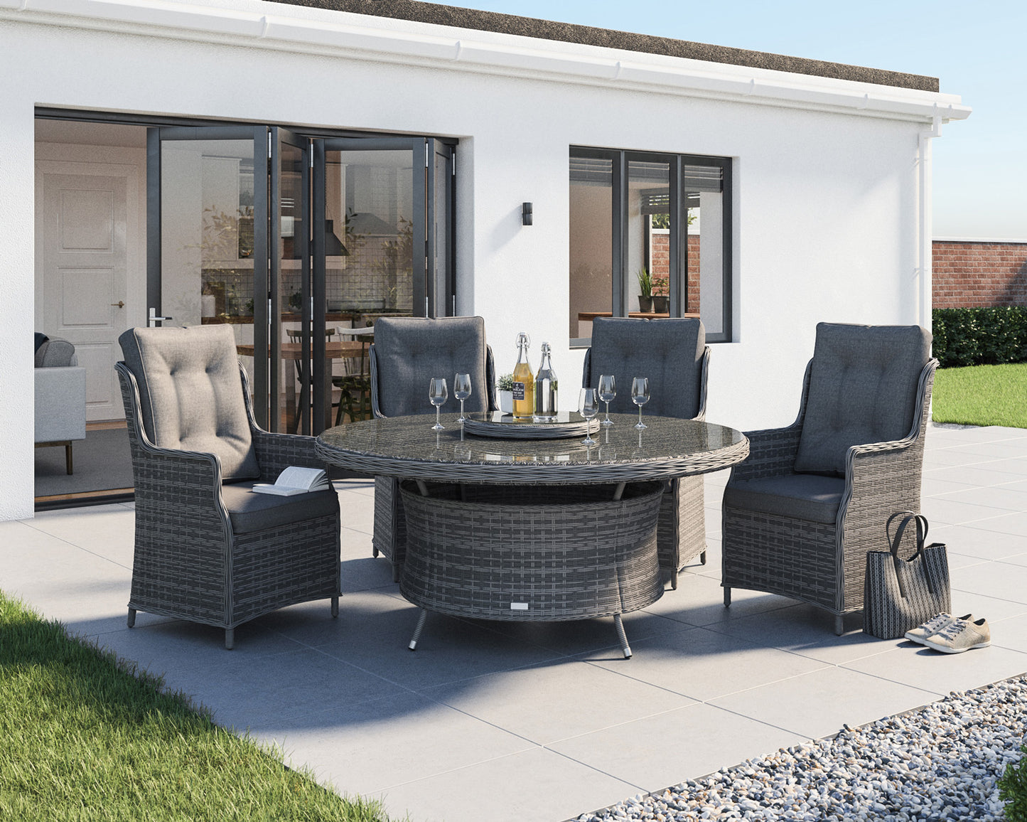 Riviera 4 Rattan Garden Dining Chairs and Large Round Table Set in Grey
