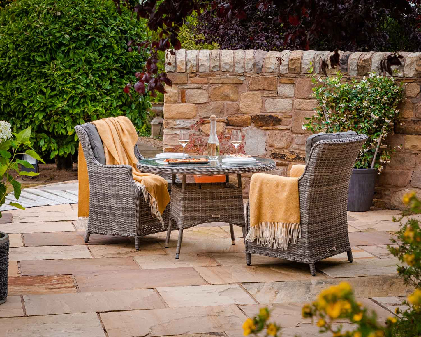 Riviera 2 Rattan Garden Chairs and Small Round Dining Table in Grey