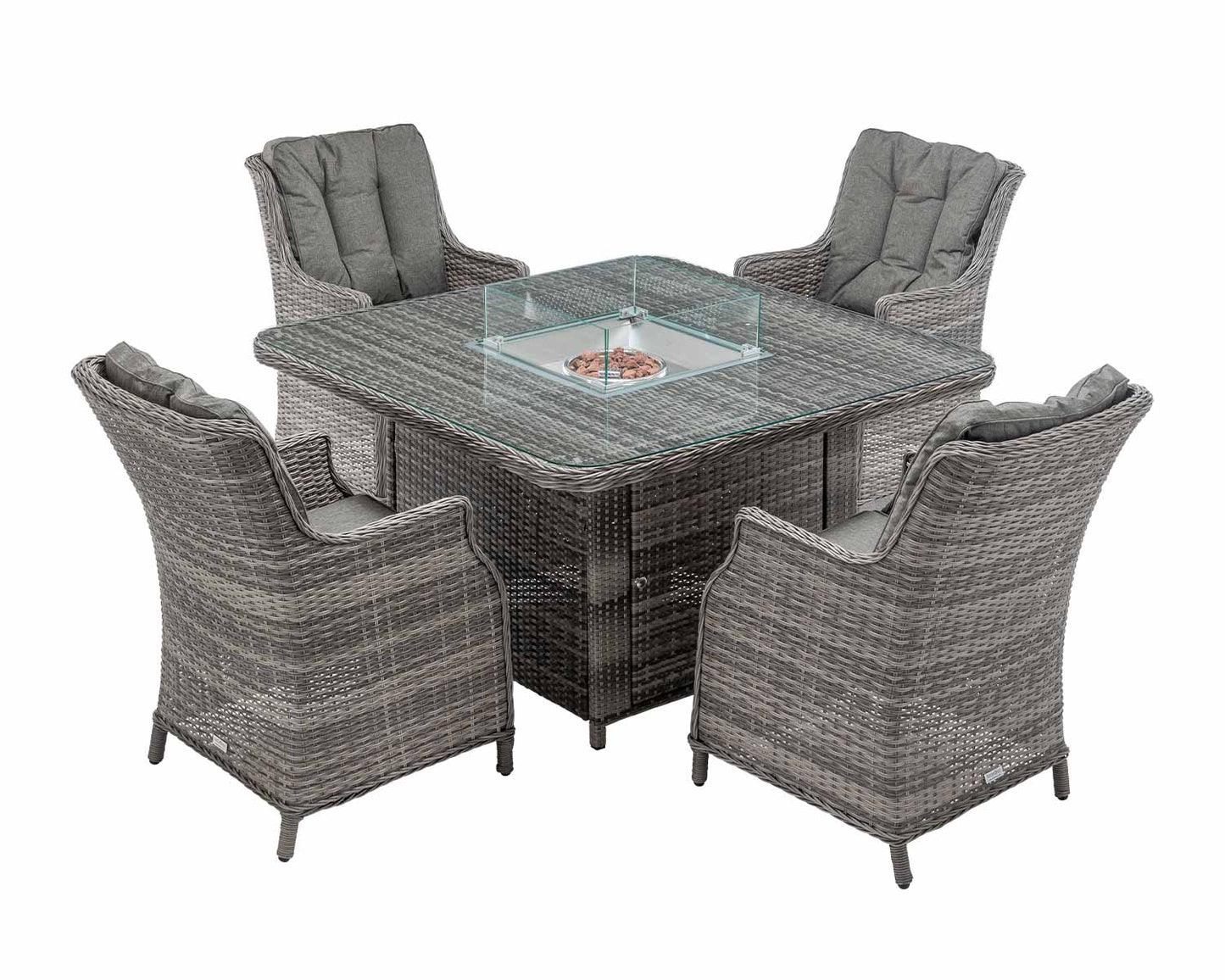 Riviera 4 Rattan Garden Chairs and Square Fire Pit Dining Table in Grey