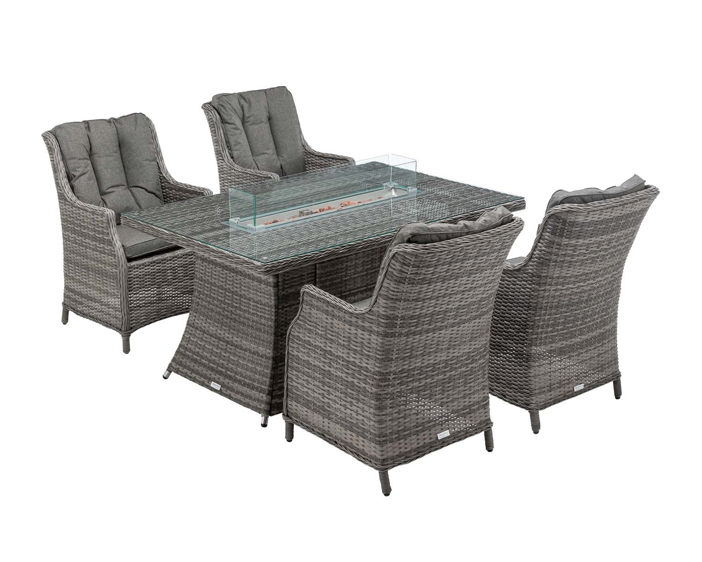Riviera 4 Rattan Garden Chairs and Rectangular Fire Pit Dining Table in Grey