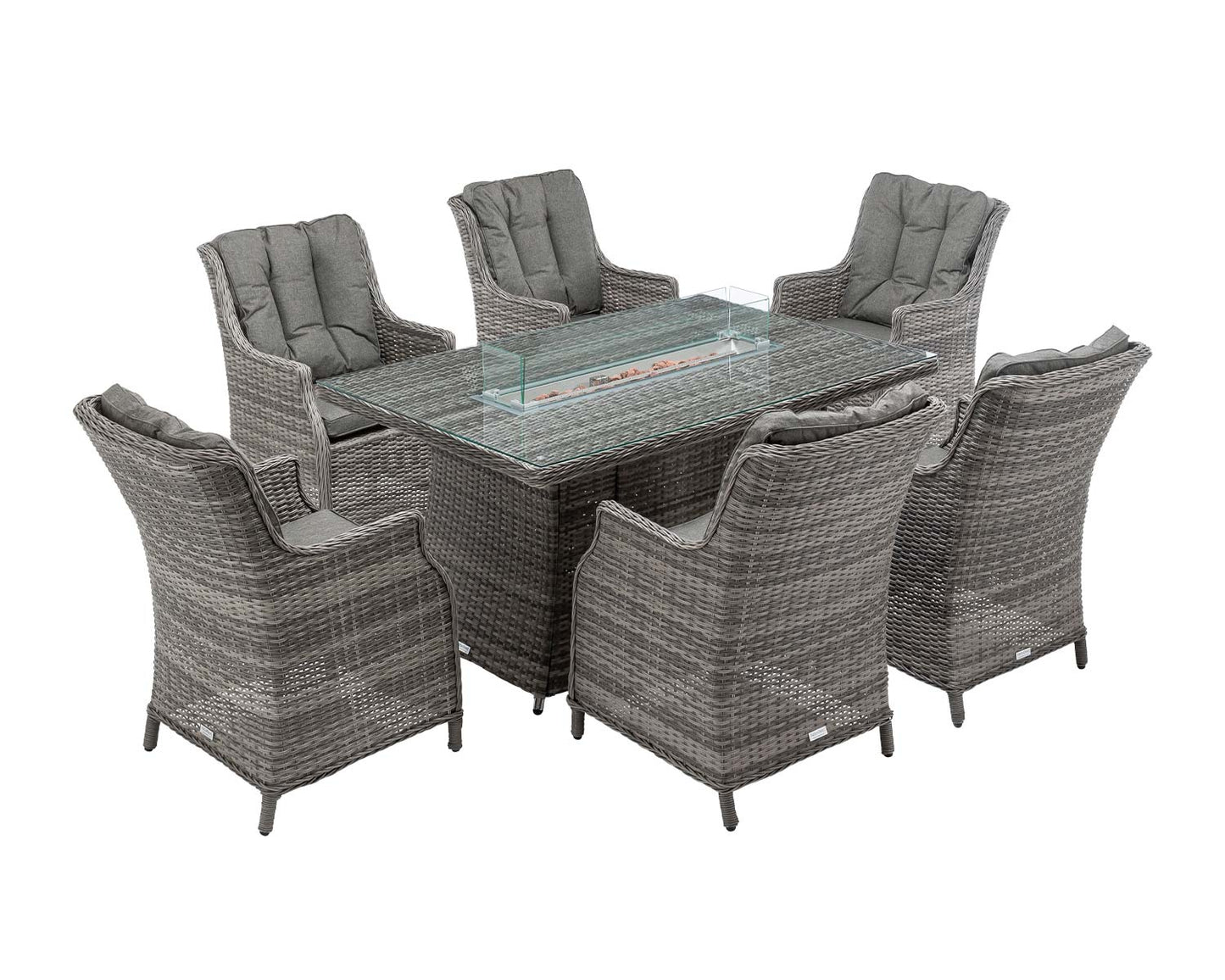 Riviera 6 Rattan Garden Chairs and Rectangular Fire Pit Dining Table in Grey