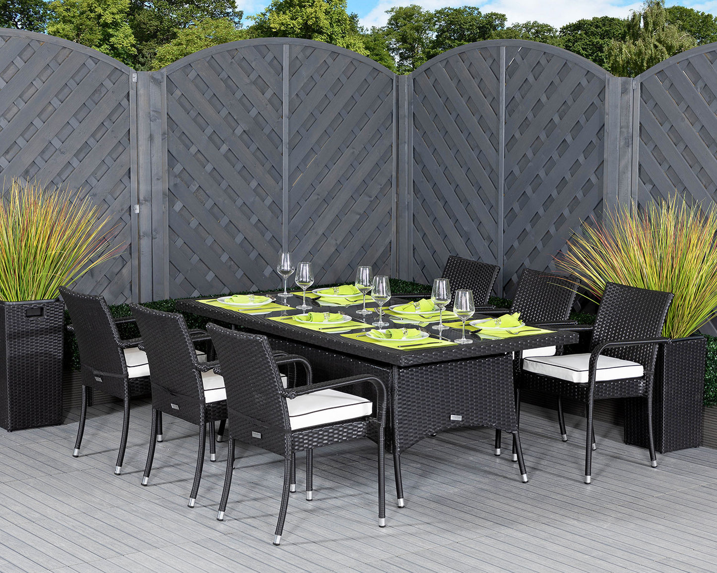 Roma 6 Rattan Garden Chairs and Rectangular Table Set in Black & Vanilla