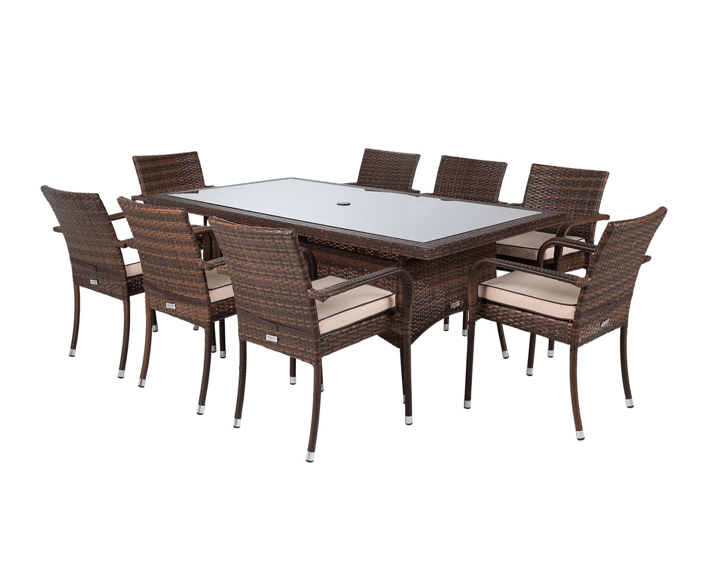 Roma 8 Rattan Garden Chairs and Rectangular Dining Table Set in Chocolate and Cream