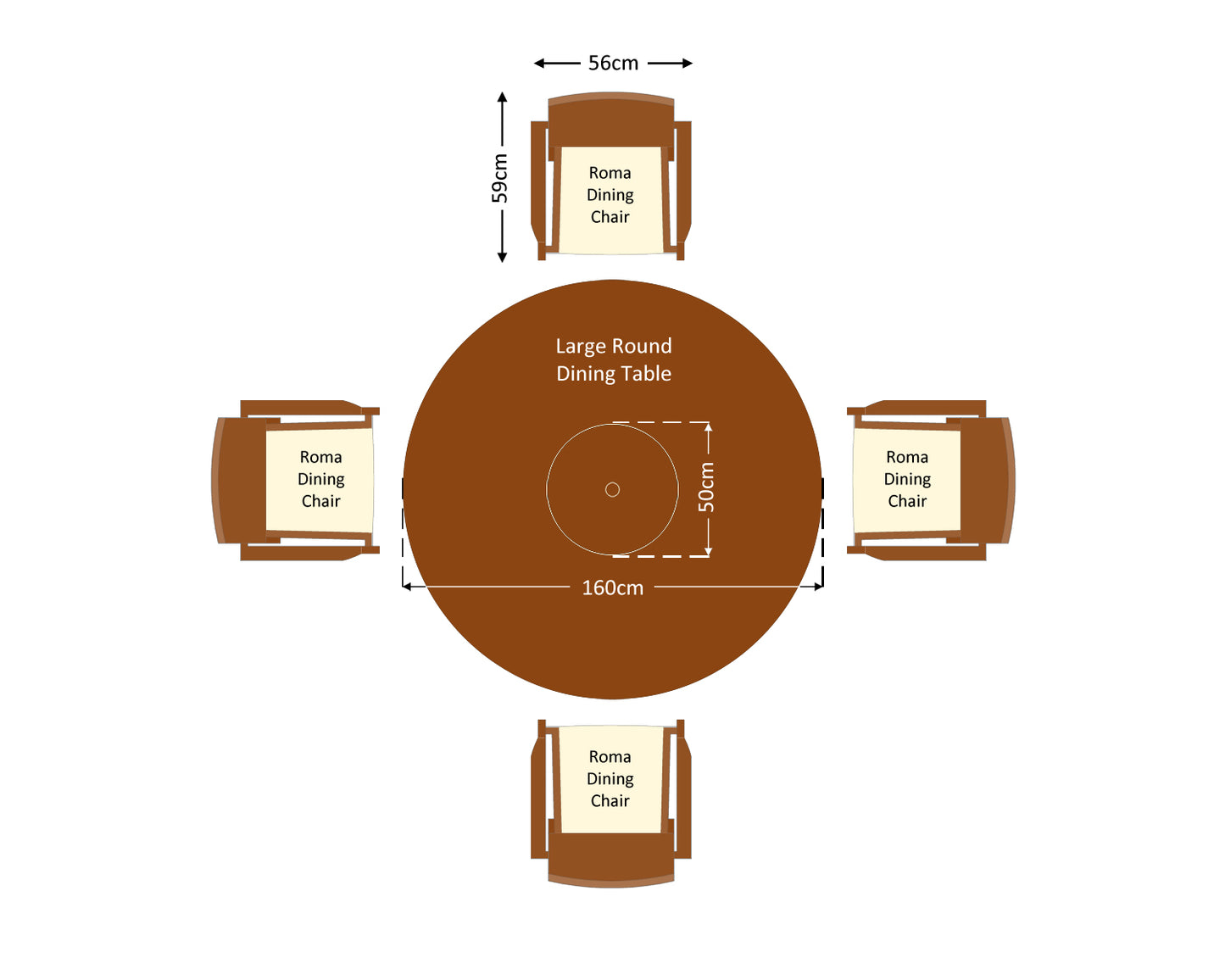 Roma 4 Rattan Garden Chairs, Large Round Table and Lazy Susan Set in Chocolate and Cream