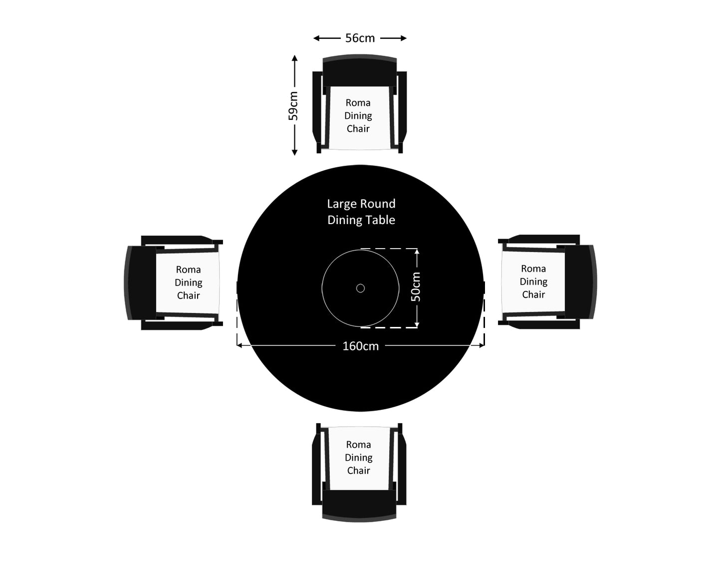 Roma 4 Rattan Garden Chairs, Large Round Dining Table and Lazy Susan Set in Black and Vanilla