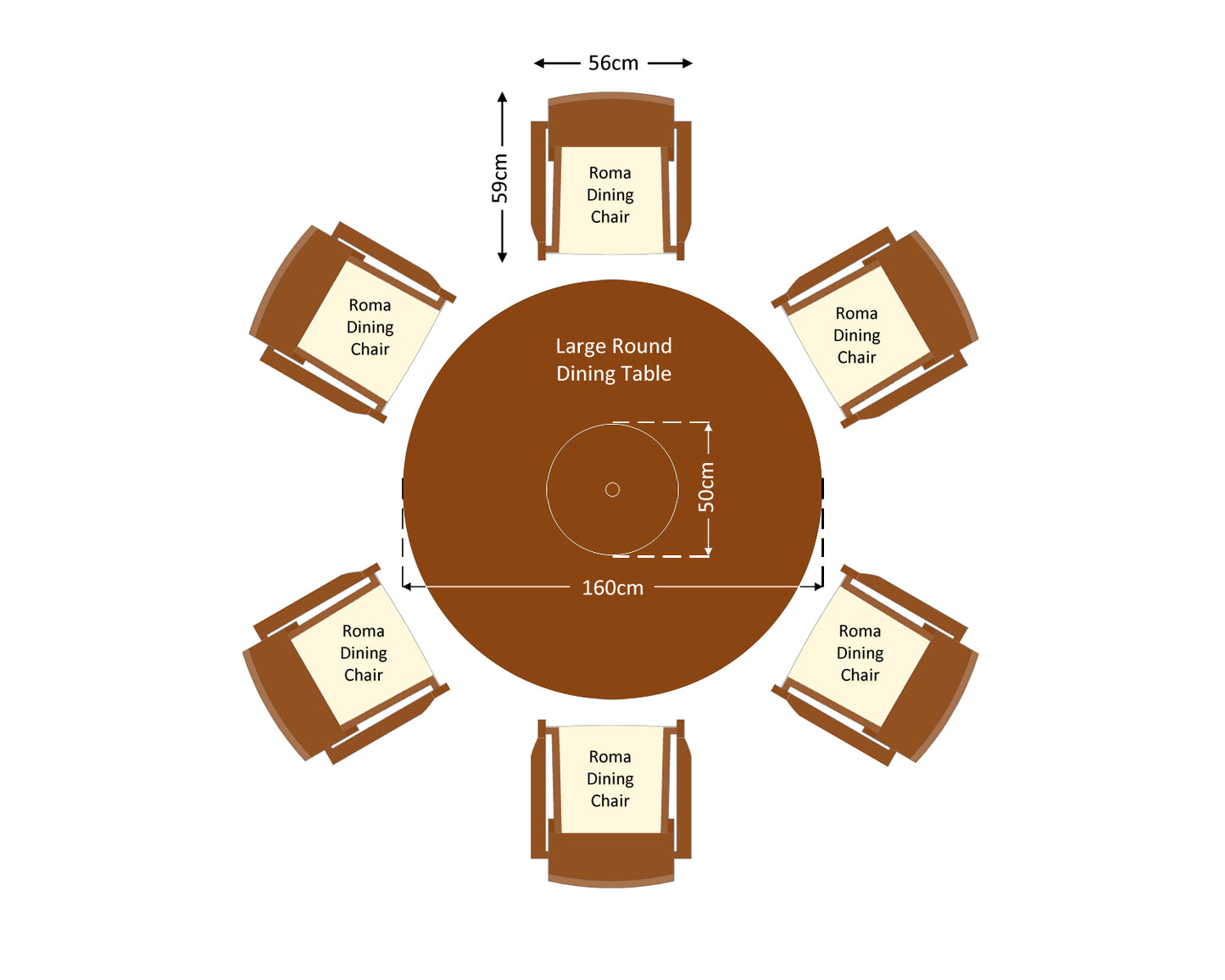 Roma 6 Rattan Garden Chairs, Large Round Dining Table and Lazy Susan Set in Chocolate and Cream