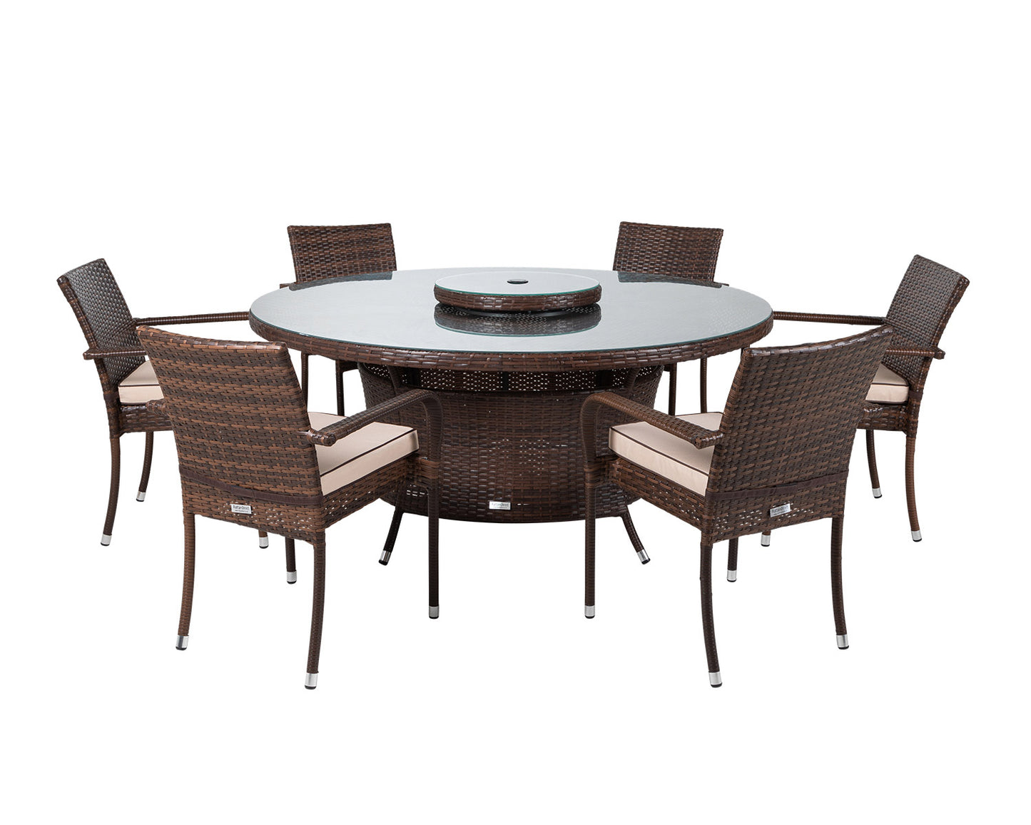 Roma 6 Rattan Garden Chairs, Large Round Dining Table and Lazy Susan Set in Chocolate and Cream