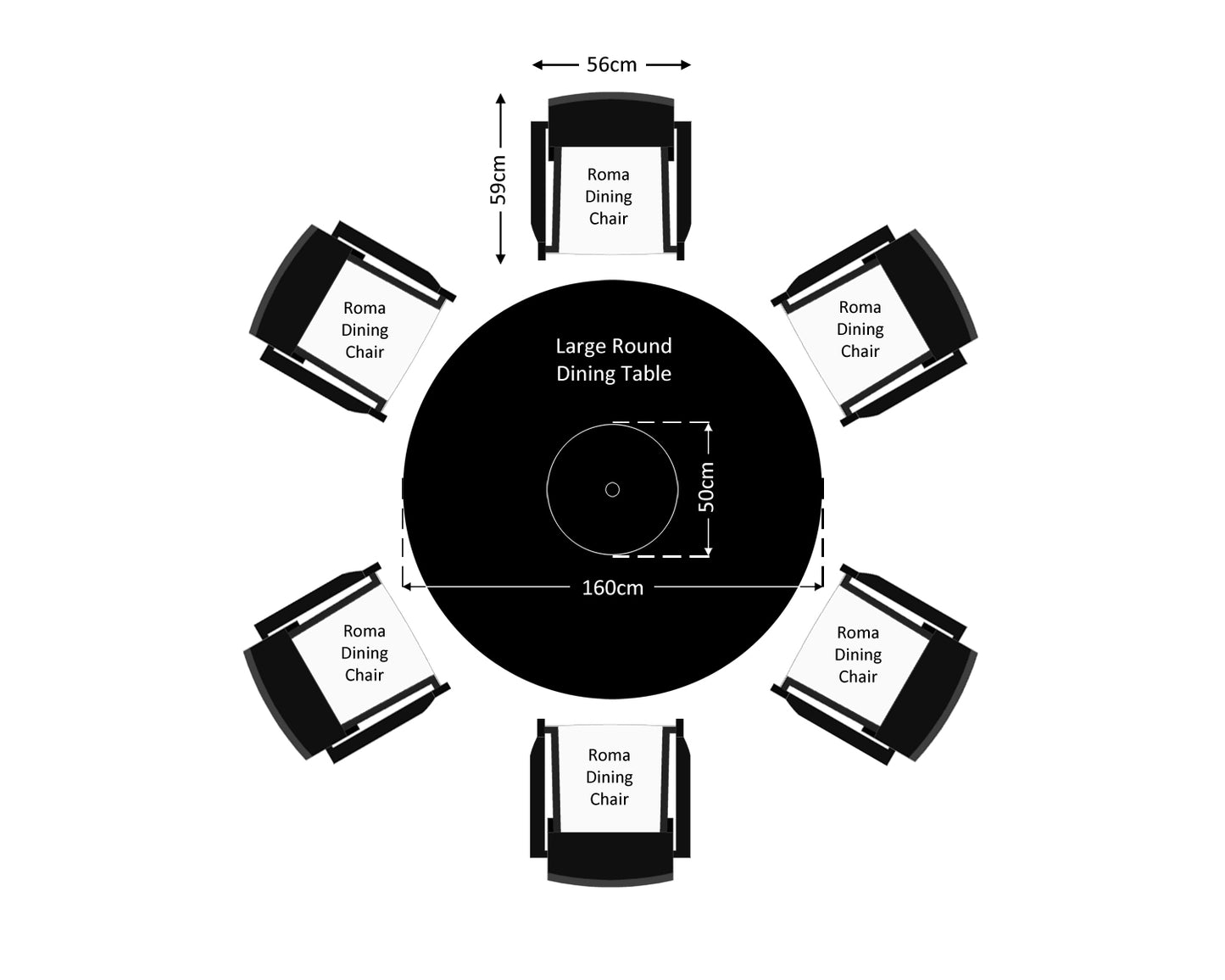 Roma 6 Rattan Garden Chairs, Large Round Table and Lazy Susan Set in Black and Vanilla