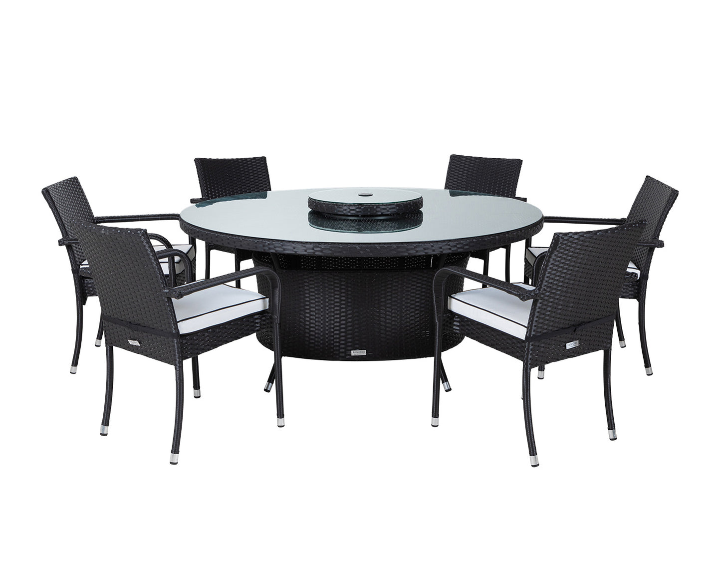Roma 6 Rattan Garden Chairs, Large Round Table and Lazy Susan Set in Black and Vanilla