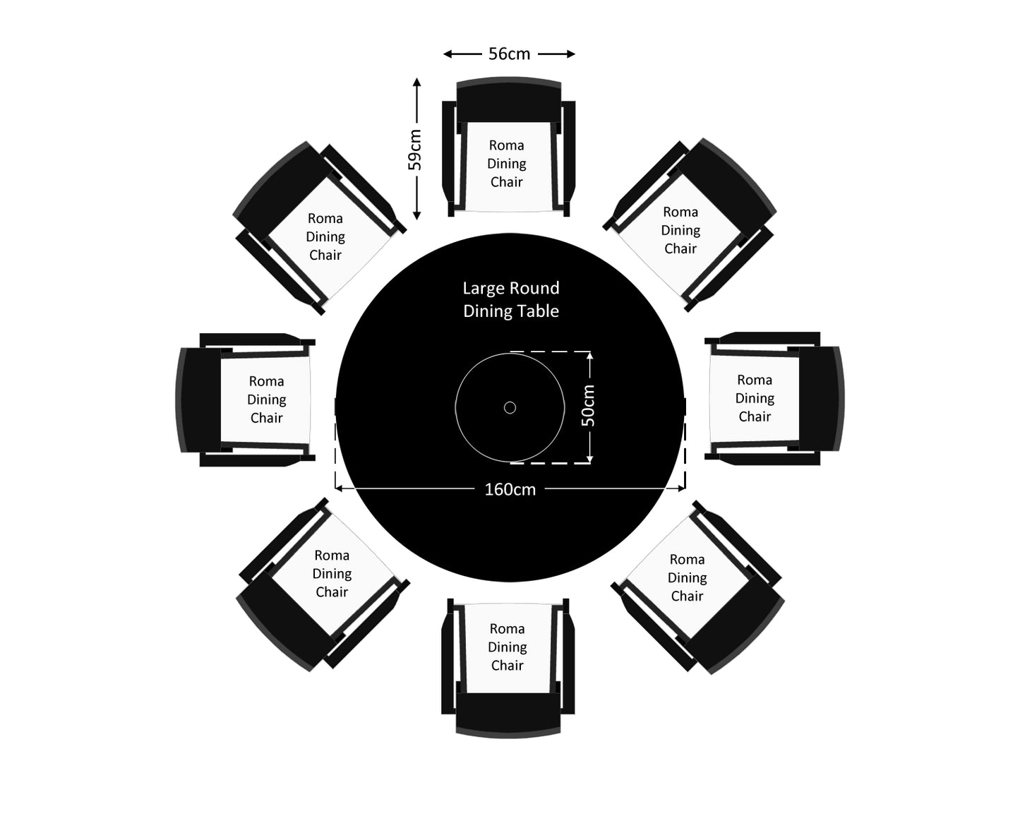 Roma 8 Rattan Garden Chairs, Large Round Dining Table and Lazy Susan Set in Black and Vanilla