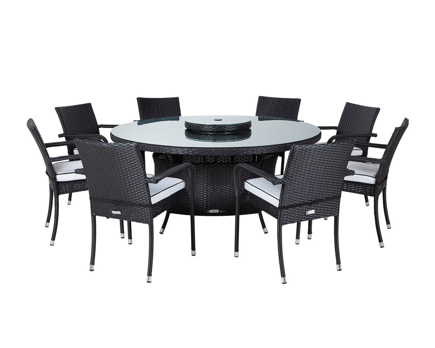 Roma 8 Rattan Garden Chairs, Large Round Dining Table and Lazy Susan Set in Black and Vanilla
