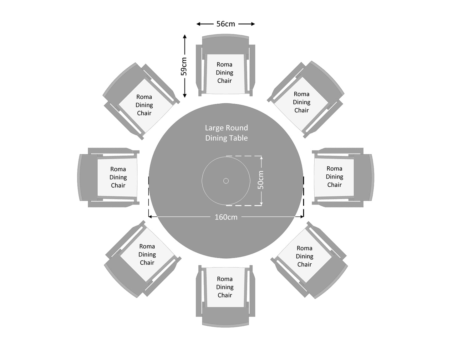 Roma 8 Stackable Chairs and Large Round Dining Table in Grey