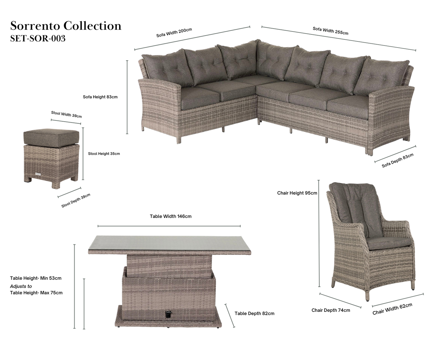 Sorrento Rattan Garden Adjustable Corner Dining Set with Chair in Grey