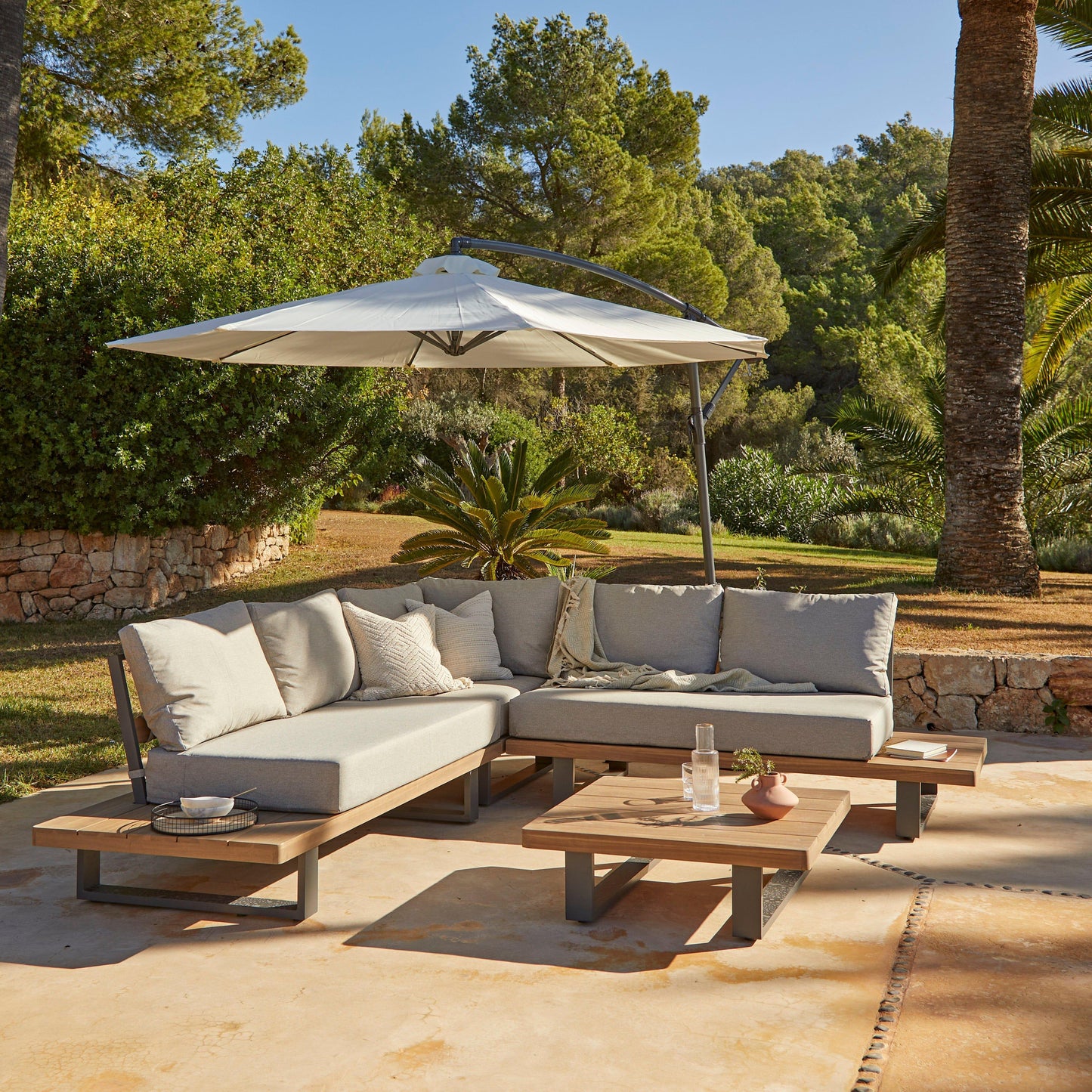 Shiva Garden Corner Sofa Set with Cream Lean Over Parasol - Stone - Laura James