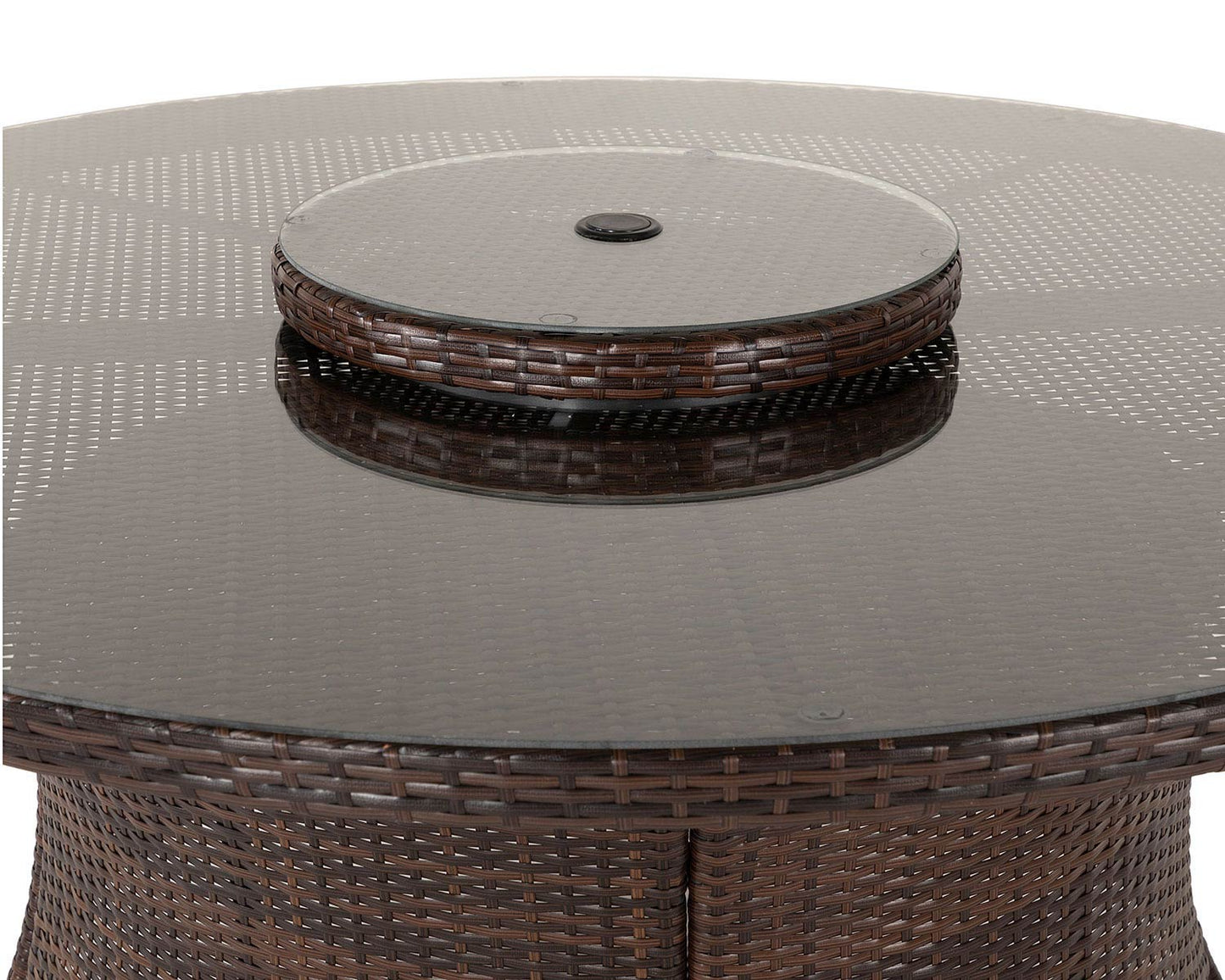 Roma 4 Rattan Garden Chairs, Large Round Table and Lazy Susan Set in Chocolate and Cream