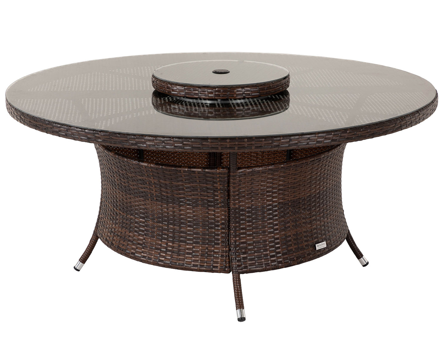 Roma 4 Rattan Garden Chairs, Large Round Table and Lazy Susan Set in Chocolate and Cream