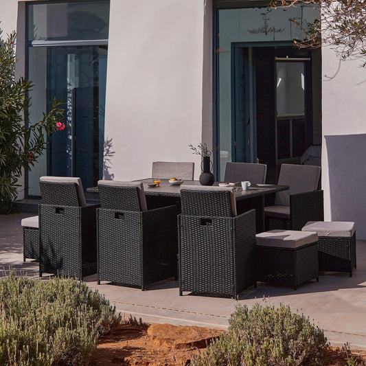 10 Seater Rattan Cube Outdoor Dining Set - Black Weave Polywood Top
