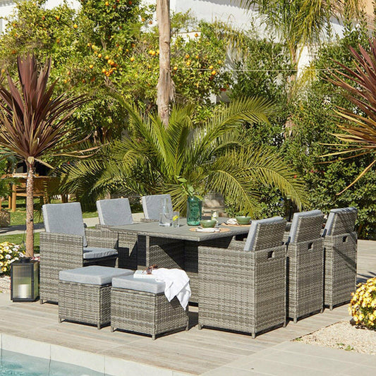 10 Seater Rattan Cube Outdoor Dining Set - Grey Weave Polywood Top