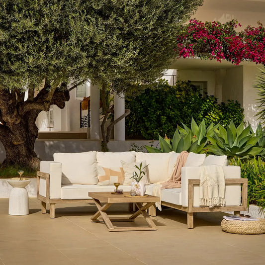 Akira Rectangular Coffee Table and Akira Wooden Corner Sofa with Cushions - Linen