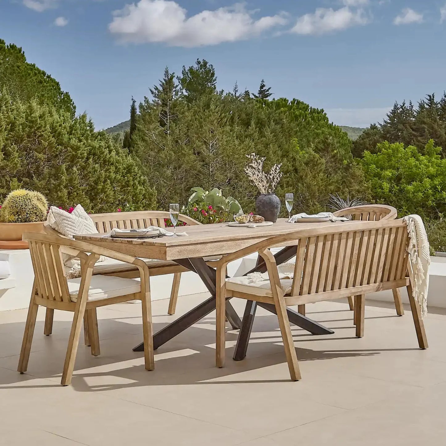 Amelia Wooden Rectangular Dining Table Set with 2 x Shiro 130cm Bench and 2 x Shiro Dining Chairs with Cushions - Cotton White