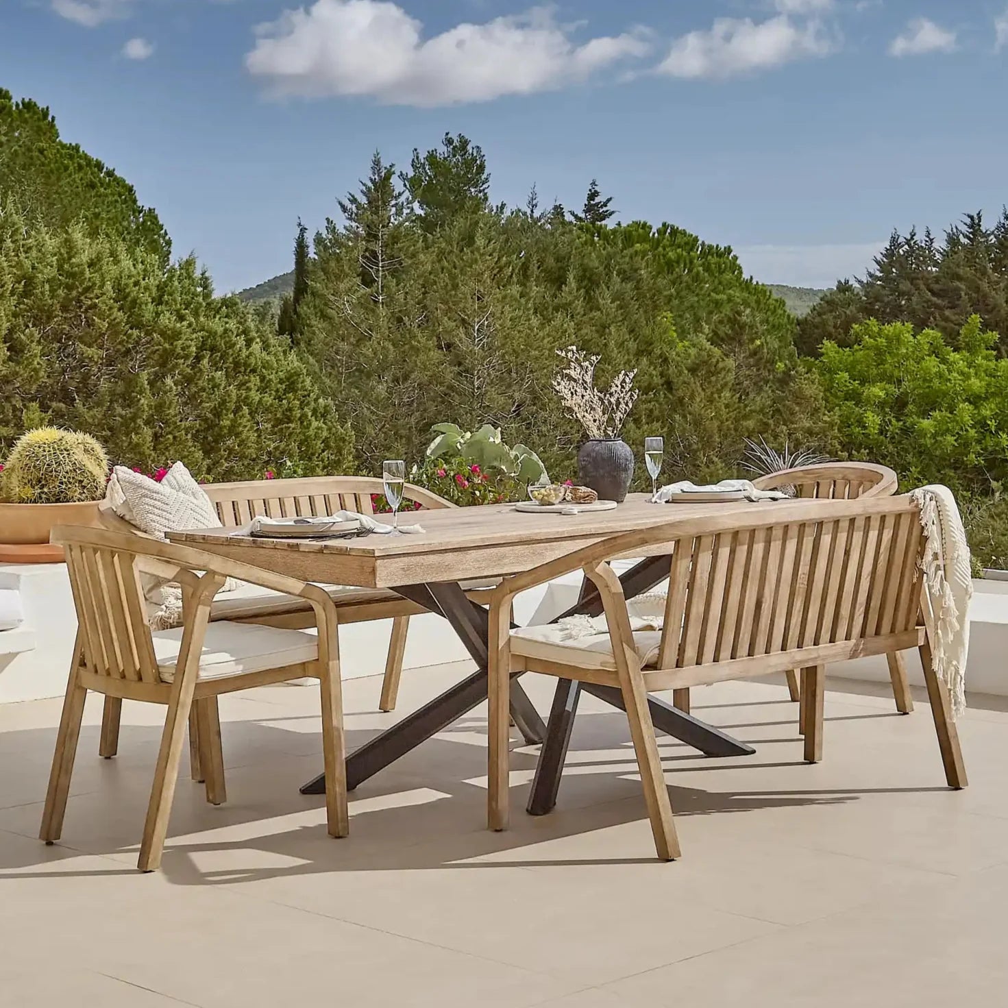 Amelia Wooden Rectangular Dining Table Set with 2 x Shiro 130cm Bench and 2 x Shiro Dining Chairs with Cushions - Cotton White