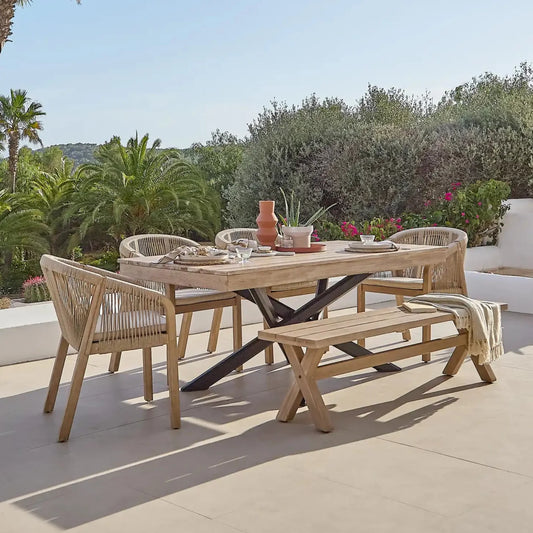 Amelia Wooden Rectangular Dining Table Set with Charlotte 170cm Dining Bench and 4 x Nala Wooden Dining Chairs with Cushions - Sand