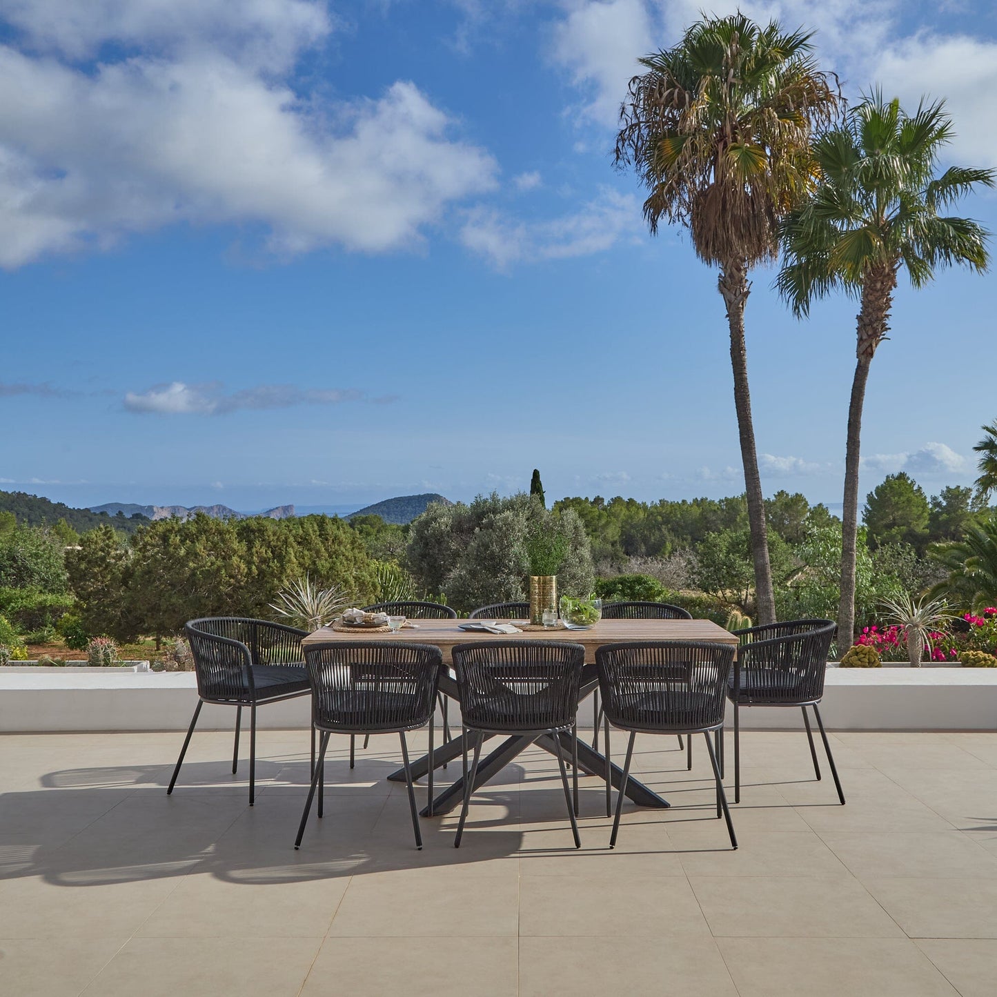 Amelia 8 Seater Natural Wood Black Legs Garden Dining Set - Hali Black Chairs - Laura James 