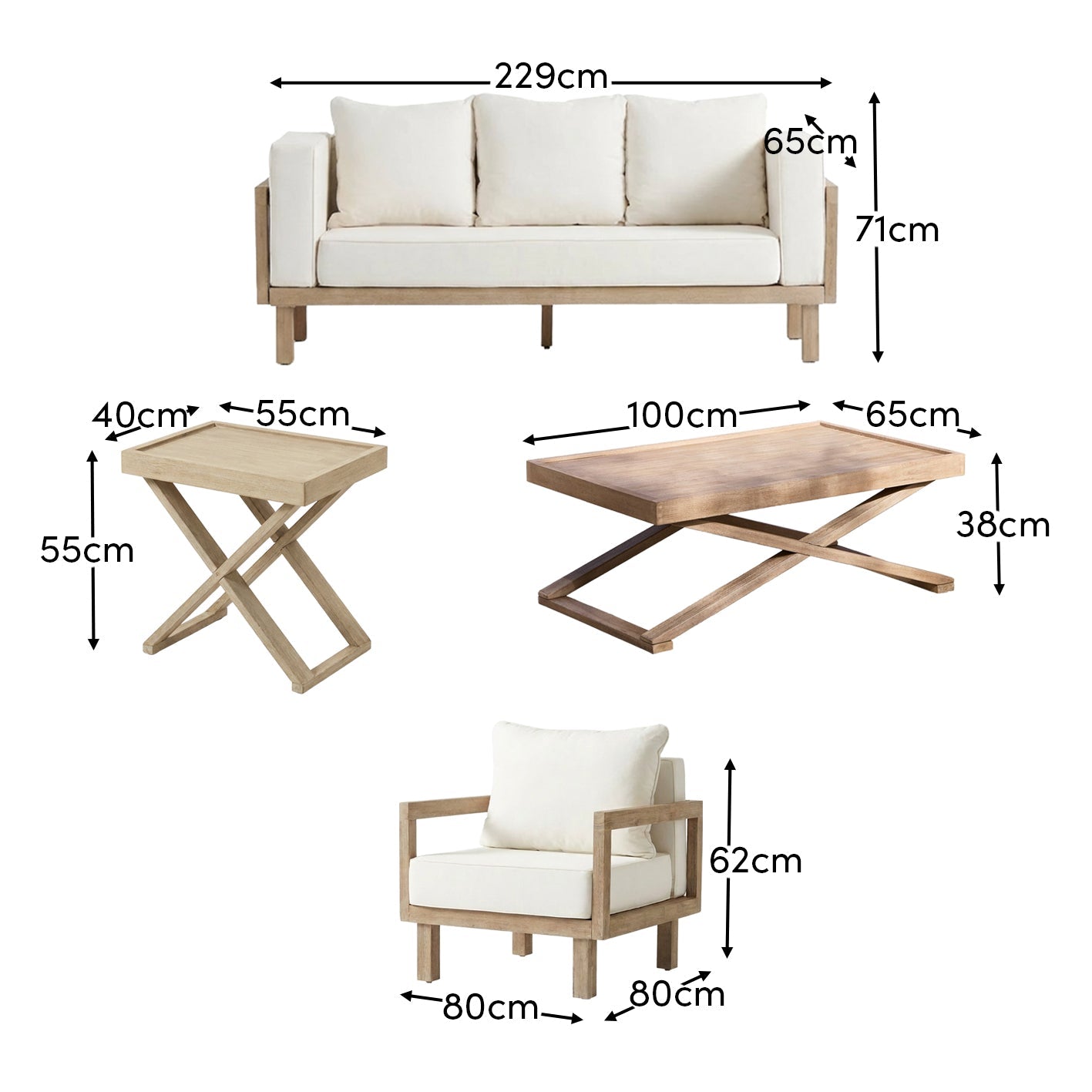 Akira 5 Seater Wooden Garden Set with Side Table and Coffee Table - Laura James