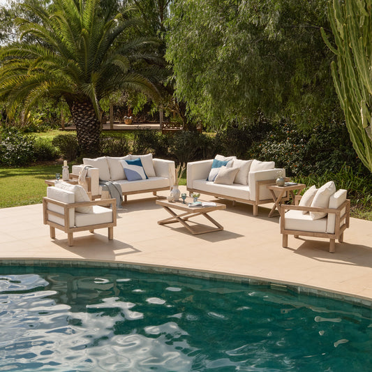 Akira 5 Seater Wooden Garden Sofa Set with Coffee and 2 Akira Side Tables - Laura James