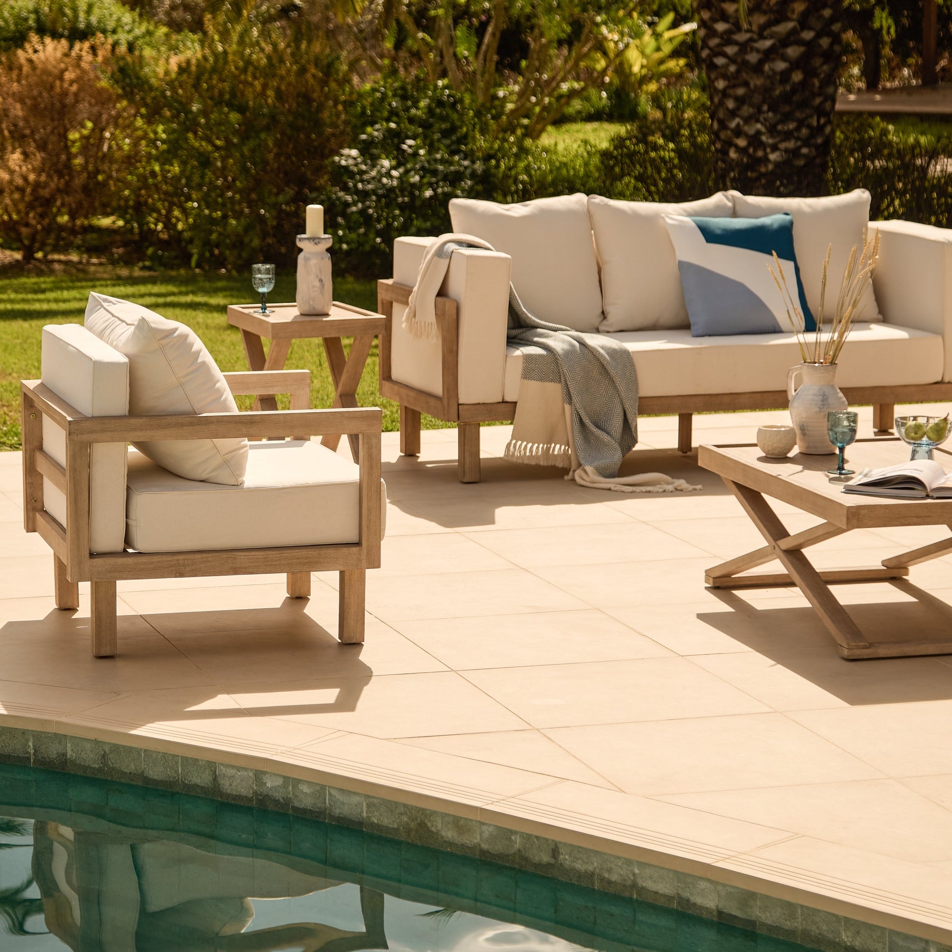 Akira 5 Seater Wooden Garden Sofa Set with Coffee and 2 Akira Side Tables - Laura James