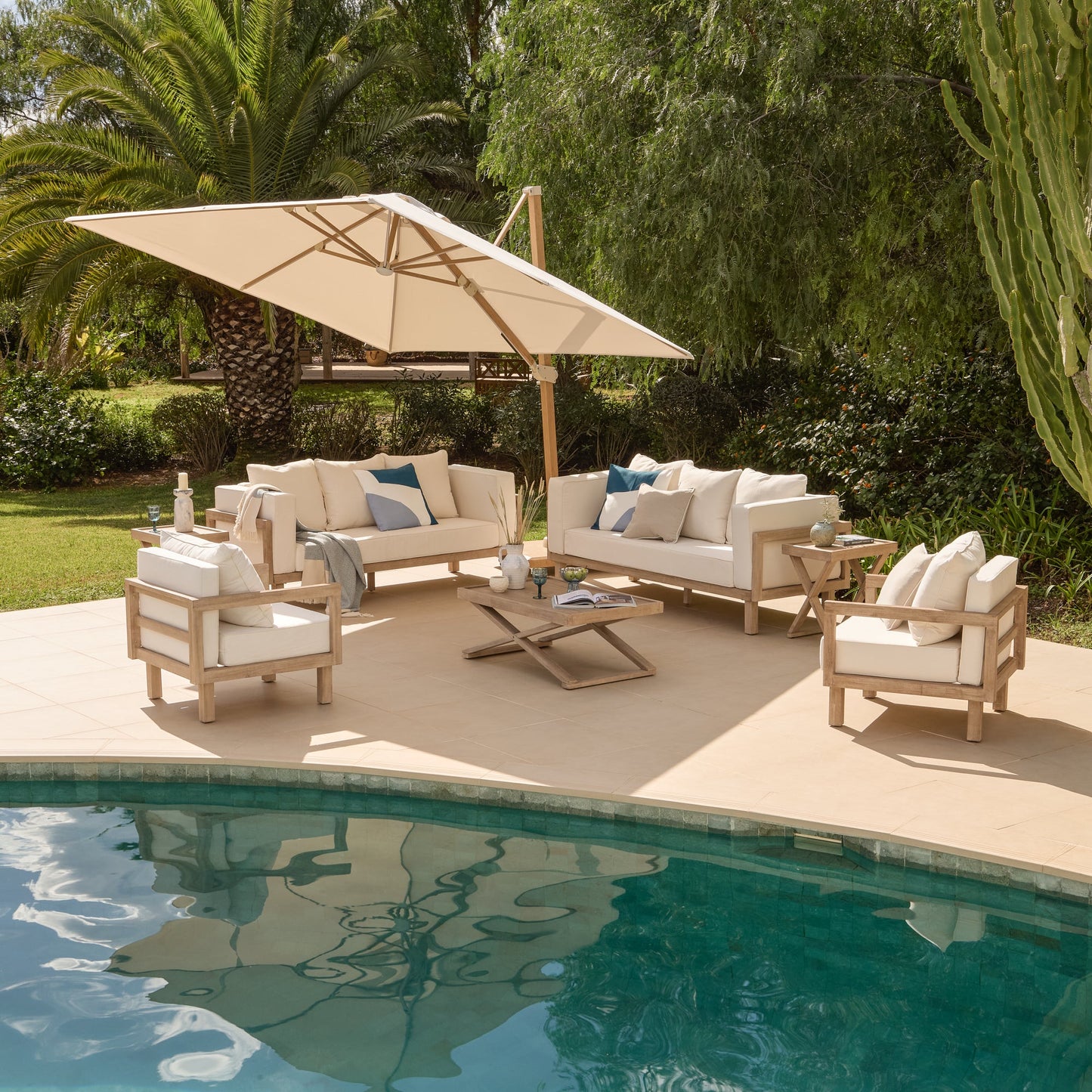 Akira 8 Seater Wooden Garden Sofa Set with Coffee and 2 Akira Side Tables - Laura James