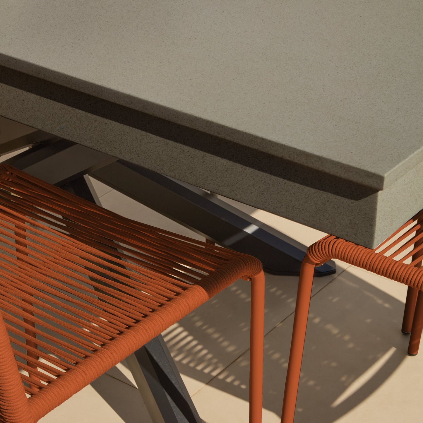 Amelia 6 Seater Dove Grey Concrete Garden Dining Set with Ryder Burnt Orange Chairs - Laura James