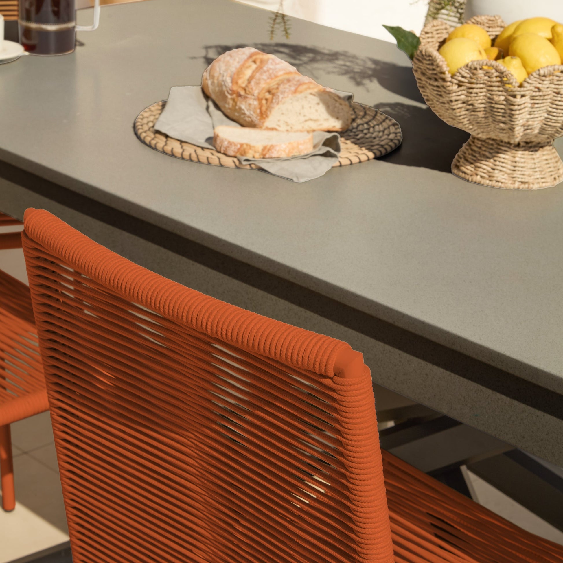 Amelia 6 Seater Dove Grey Concrete Garden Dining Set with Ryder Burnt Orange Chairs - Laura James