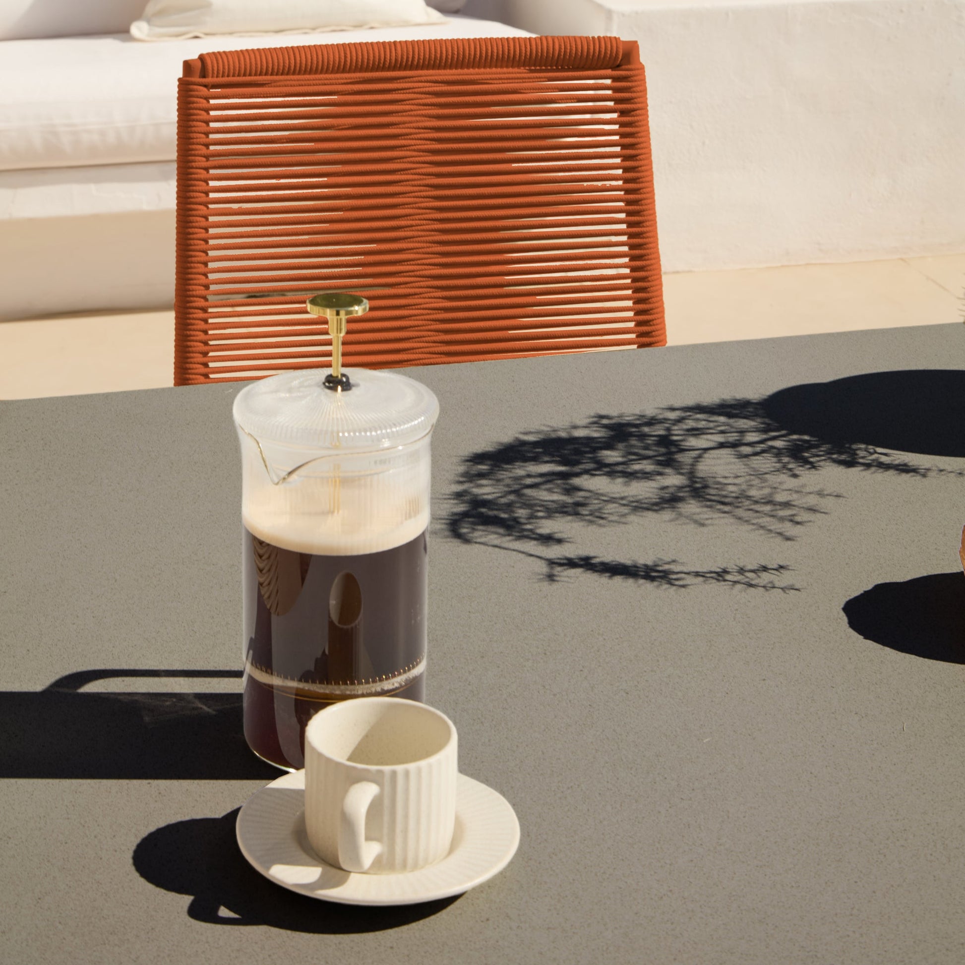 Amelia 6 Seater Dove Grey Concrete Garden Dining Set with Ryder Burnt Orange Chairs - Laura James