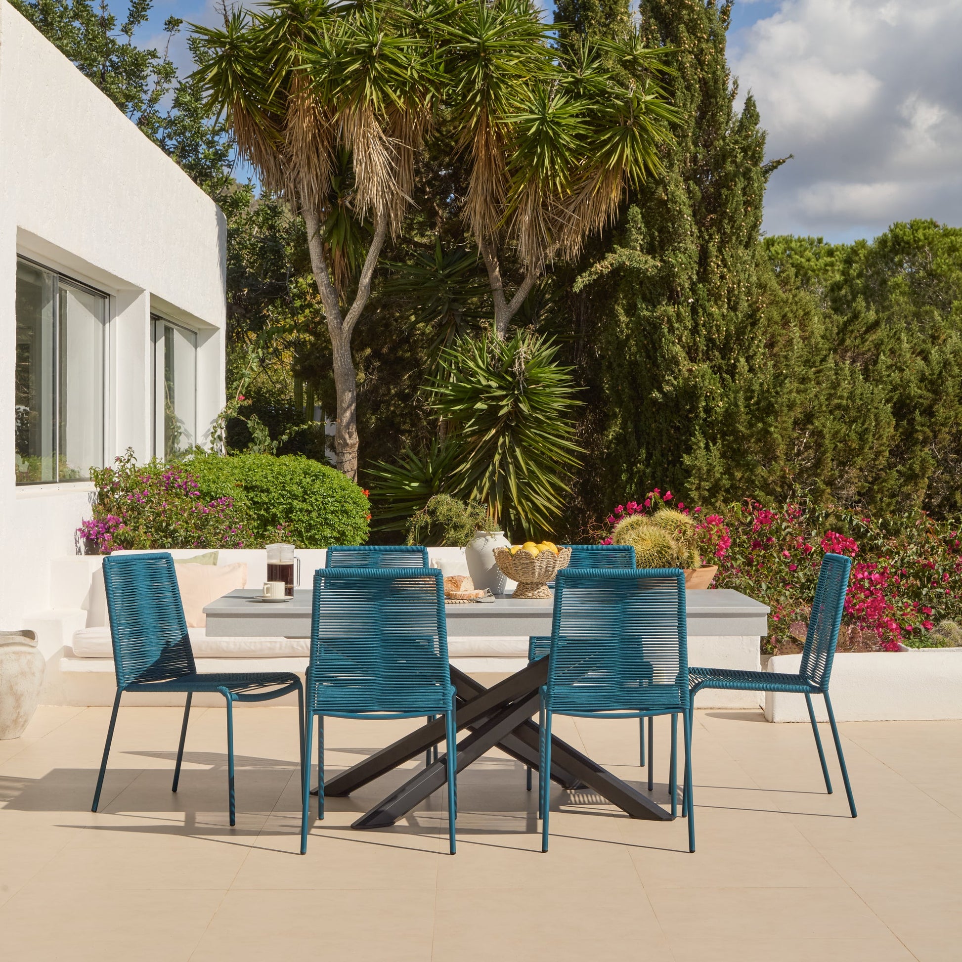Amelia 6 Seater Pale Grey Concrete Garden Dining Set with Ryder Teal Chairs - Laura James