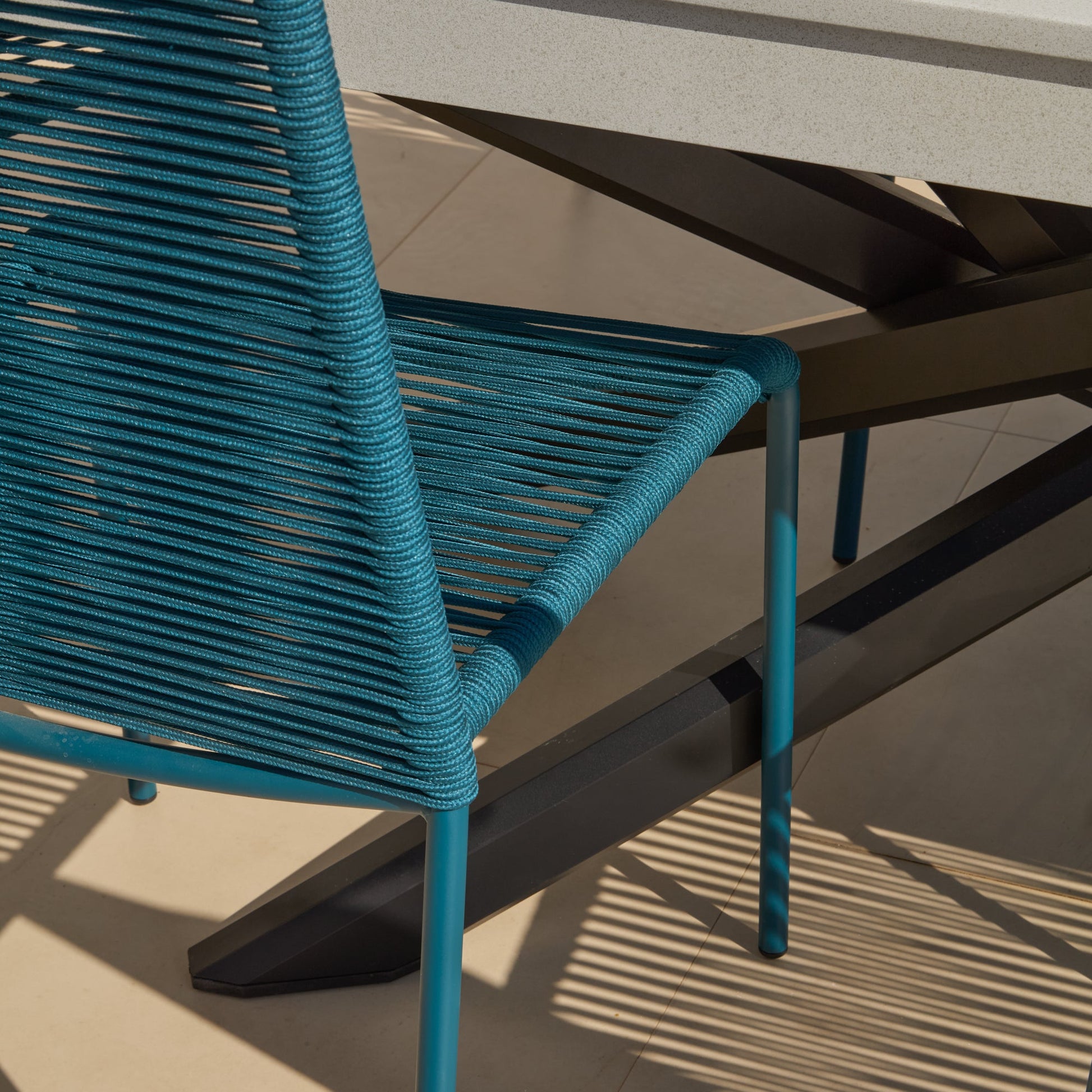 Amelia 6 Seater Pale Grey Concrete Garden Dining Set with Ryder Teal Chairs - Laura James