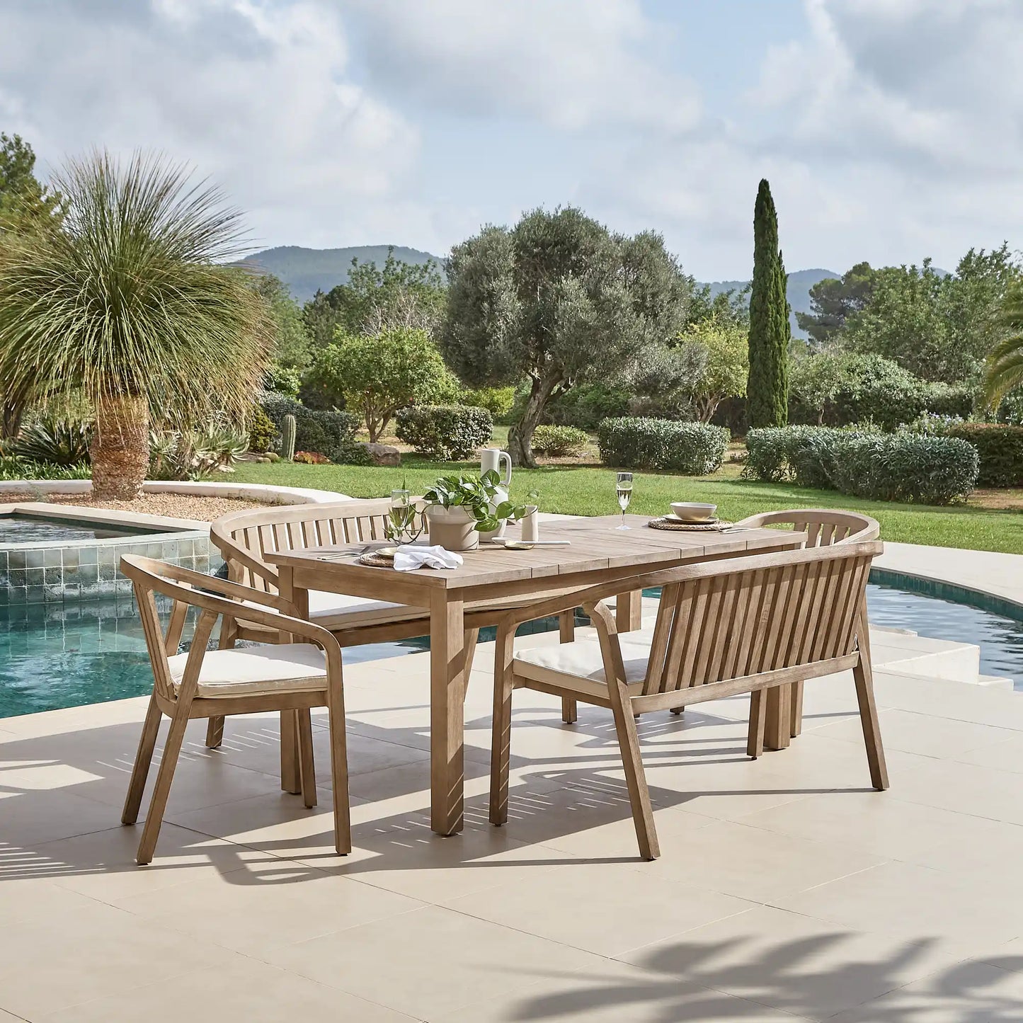 Kuro Wooden Dining Table Set with 2 x Shiro Dining Chairs and 2 x Shiro 130cm Dining Bench with Cushions - Cotton White