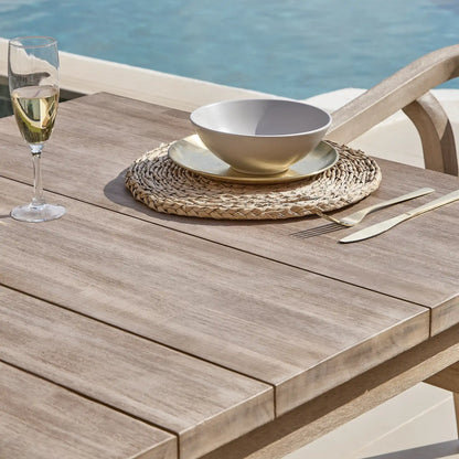 Kura outdoor acacia wood dining table set with acacia wood dining chairs - Laura James 