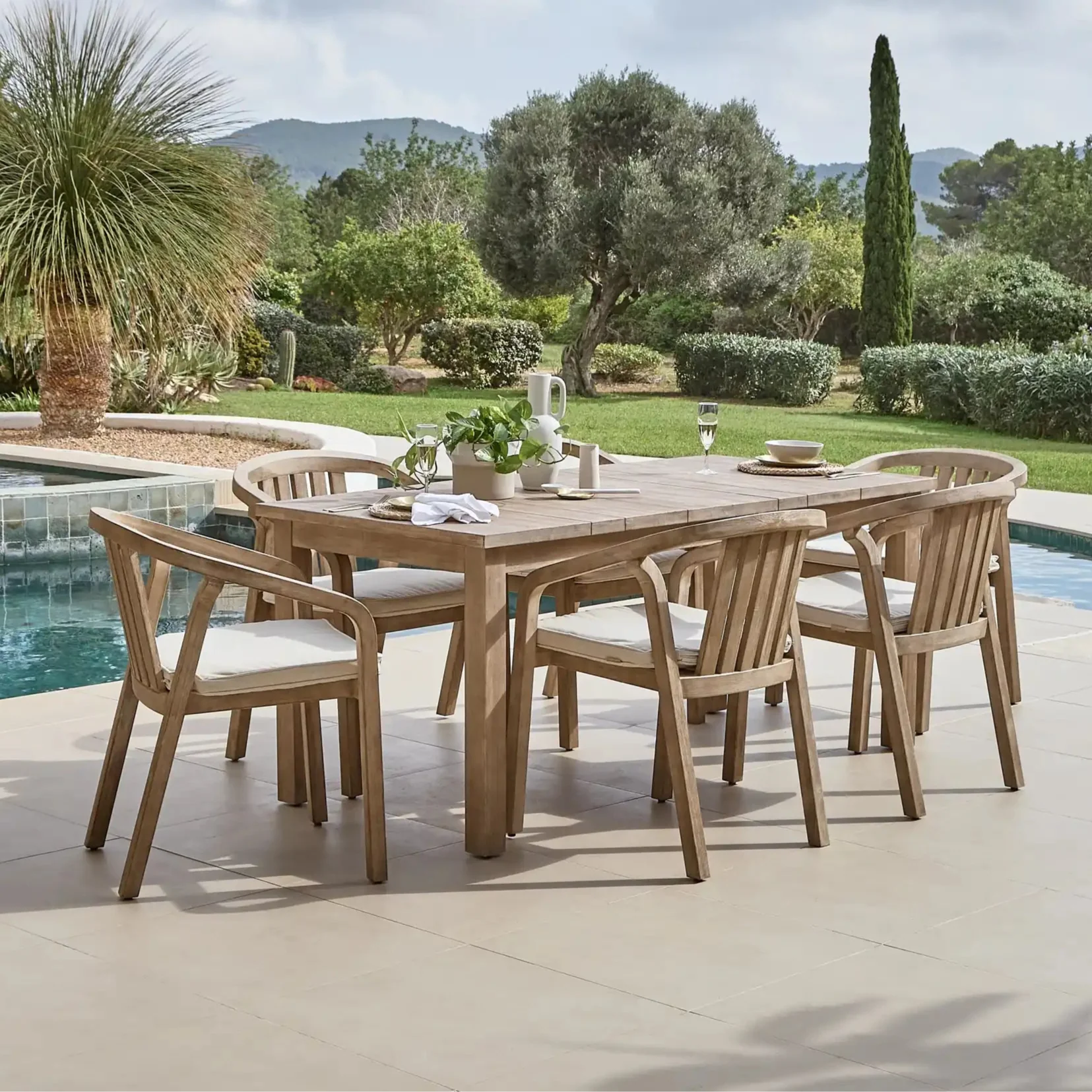 Kuro Wooden 6 Seater Dining Table Set with Shiro Dining Chairs with Cushions - Cotton White