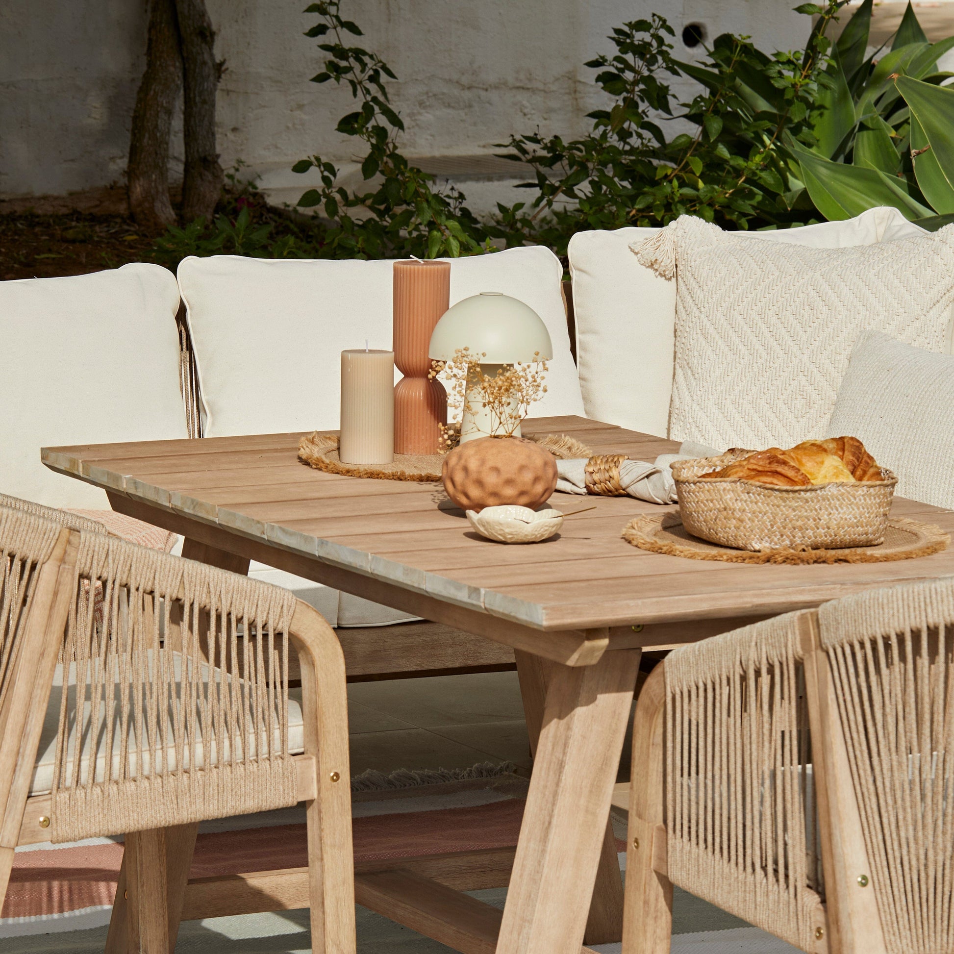 Shiro Wooden Garden Corner Dining Sofa Set with Nala Rope Chairs  - Laura James 